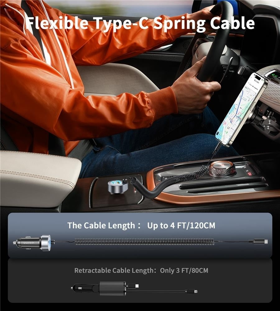 Phone Chargers: CHOETECH TC0030 65W 3-Port Fast Car Charger with 3.3ft Type-C Stretchable Cable