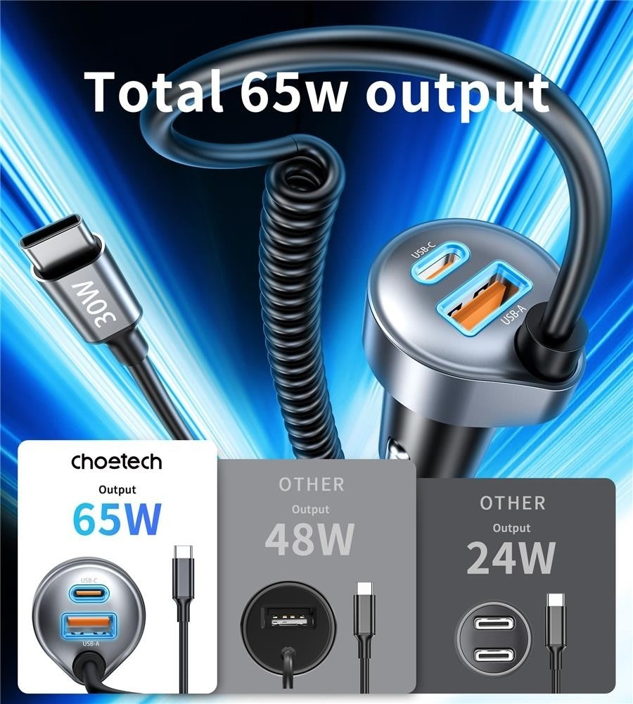 Phone Chargers: CHOETECH TC0030 65W 3-Port Fast Car Charger with 3.3ft Type-C Stretchable Cable