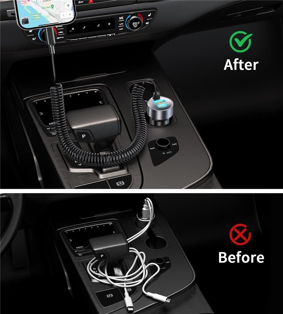 Phone Chargers: CHOETECH TC0030 65W 3-Port Fast Car Charger with 3.3ft Type-C Stretchable Cable