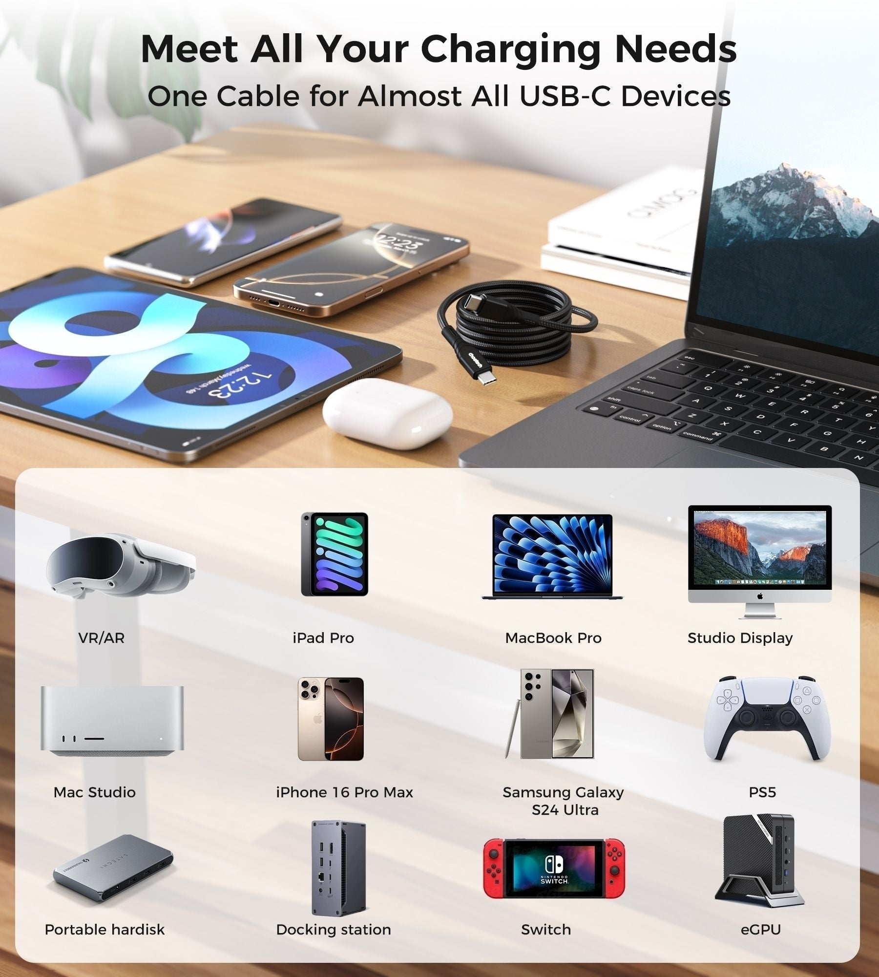 CHOETECH XCC-1008 USB-C-C PD100W M to M Fast charging Cable 1M Black