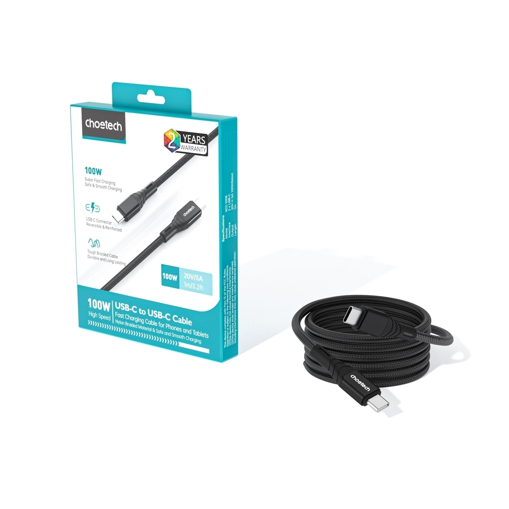CHOETECH XCC-1008 USB-C-C PD100W M to M Fast charging Cable 1M Black
