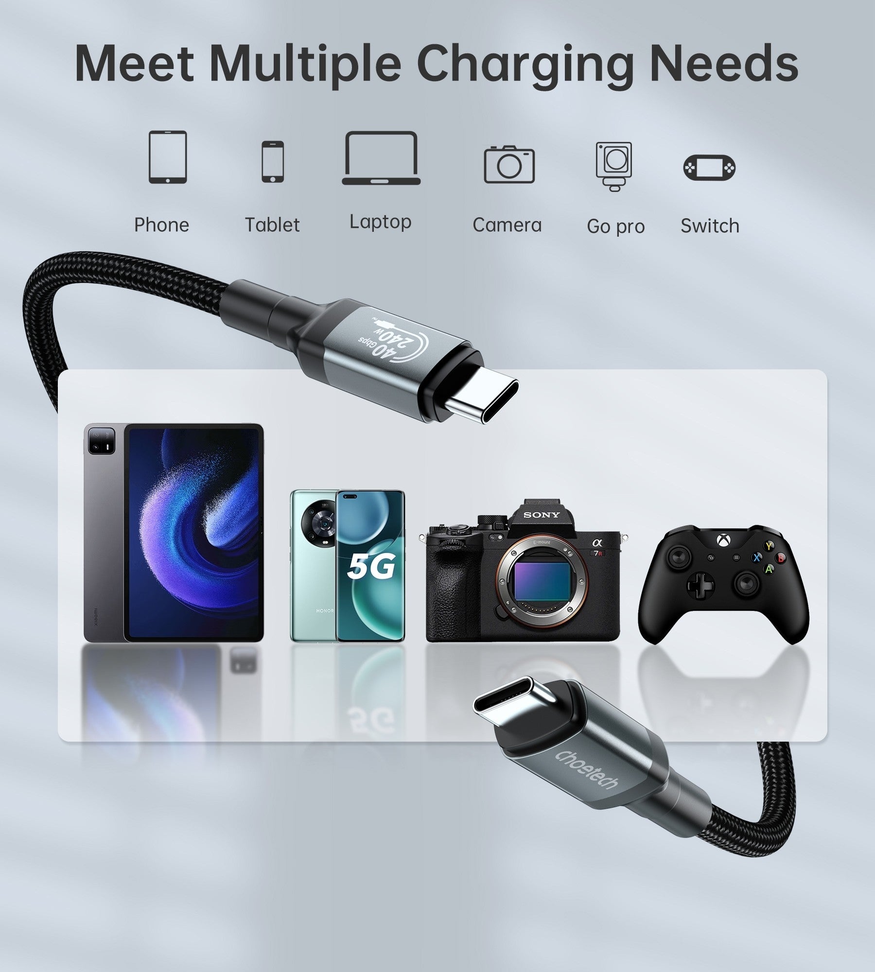 Computer Cables & Adapters: CHOETECH XCC-1040 USB-C M to M 240W Super Fast Speed Gen3 Cable 1.2M
