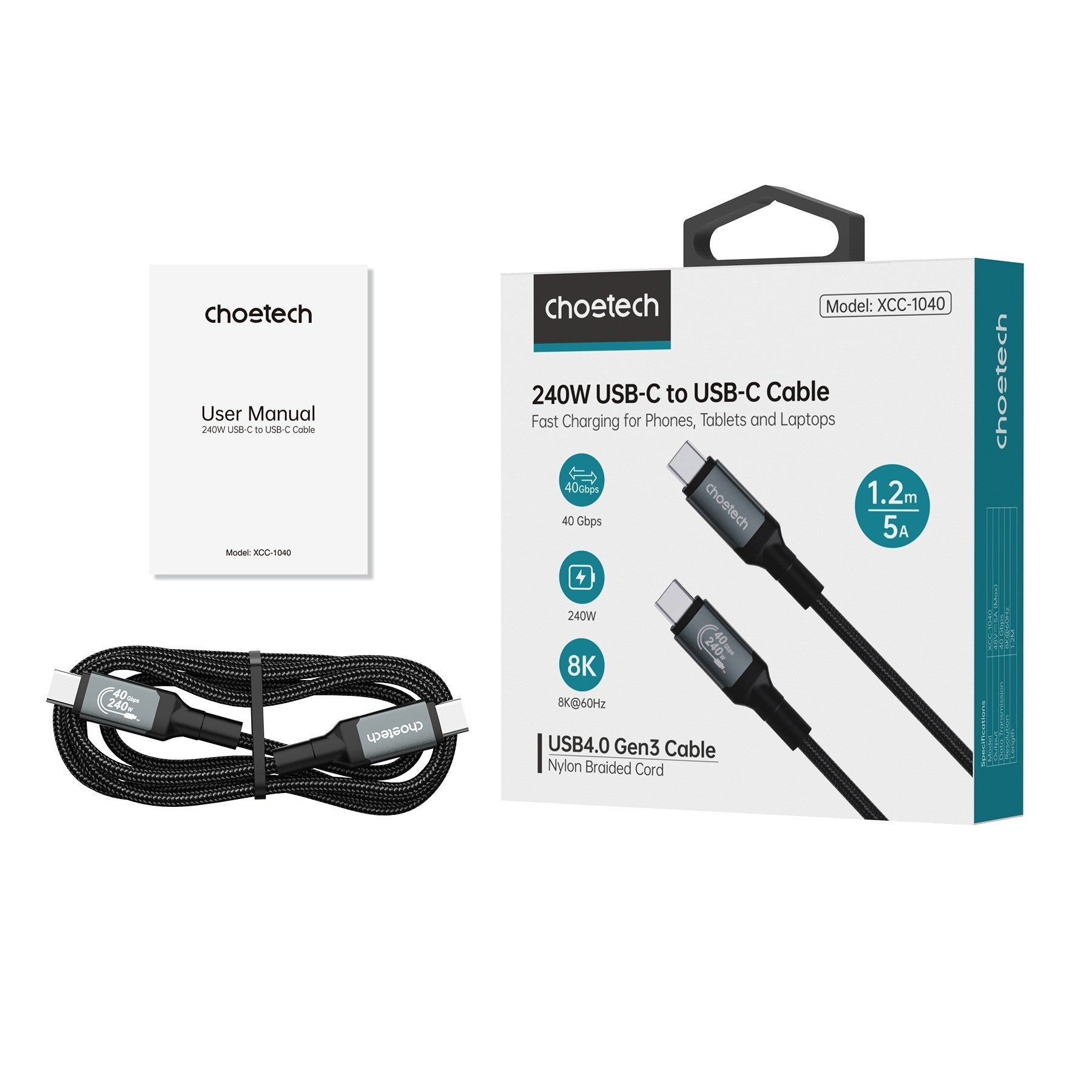 Computer Cables & Adapters: CHOETECH XCC-1040 USB-C M to M 240W Super Fast Speed Gen3 Cable 1.2M