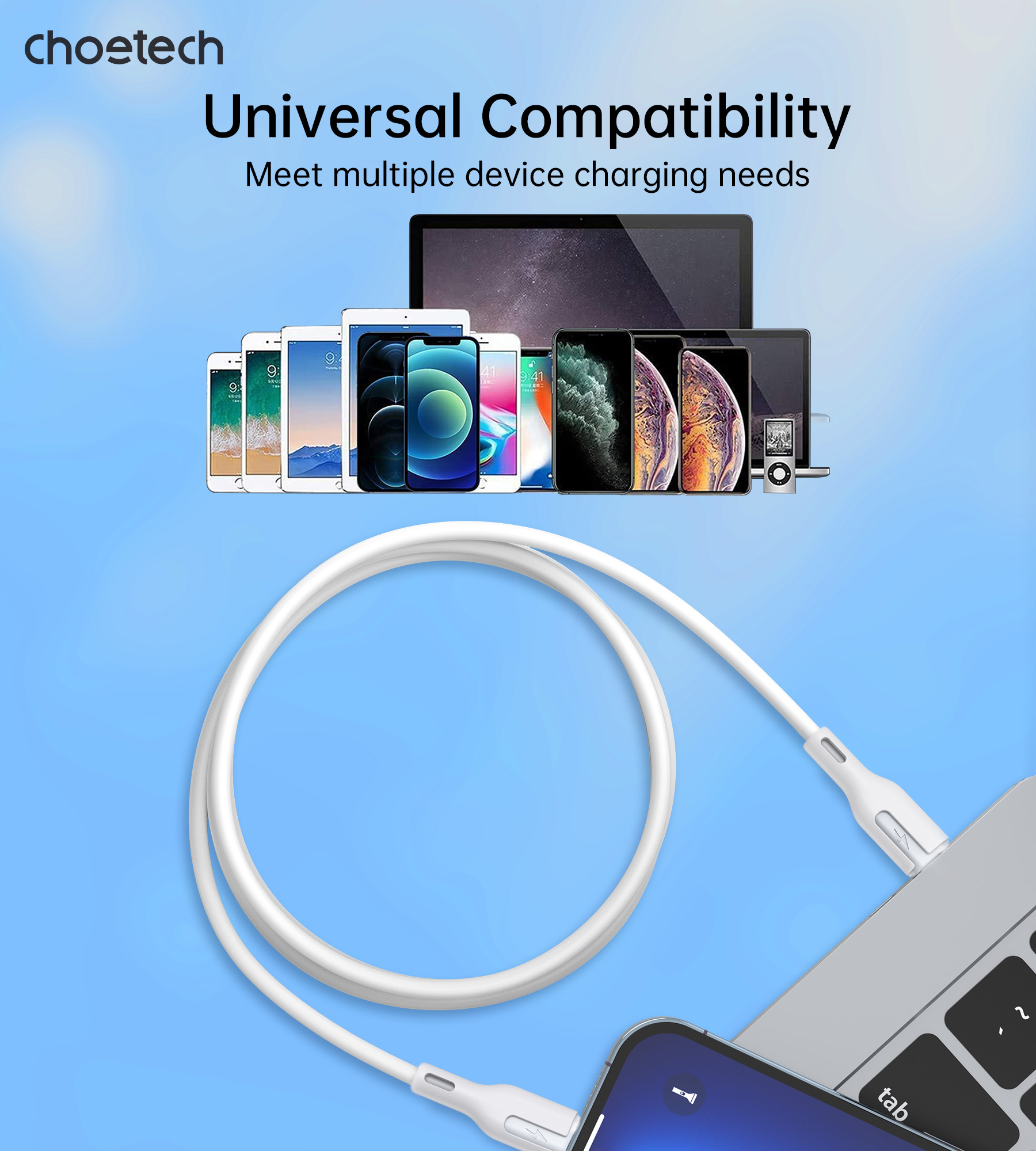 CHOETECH XCL-0002 Silicone USB-C to L Cable 1m White