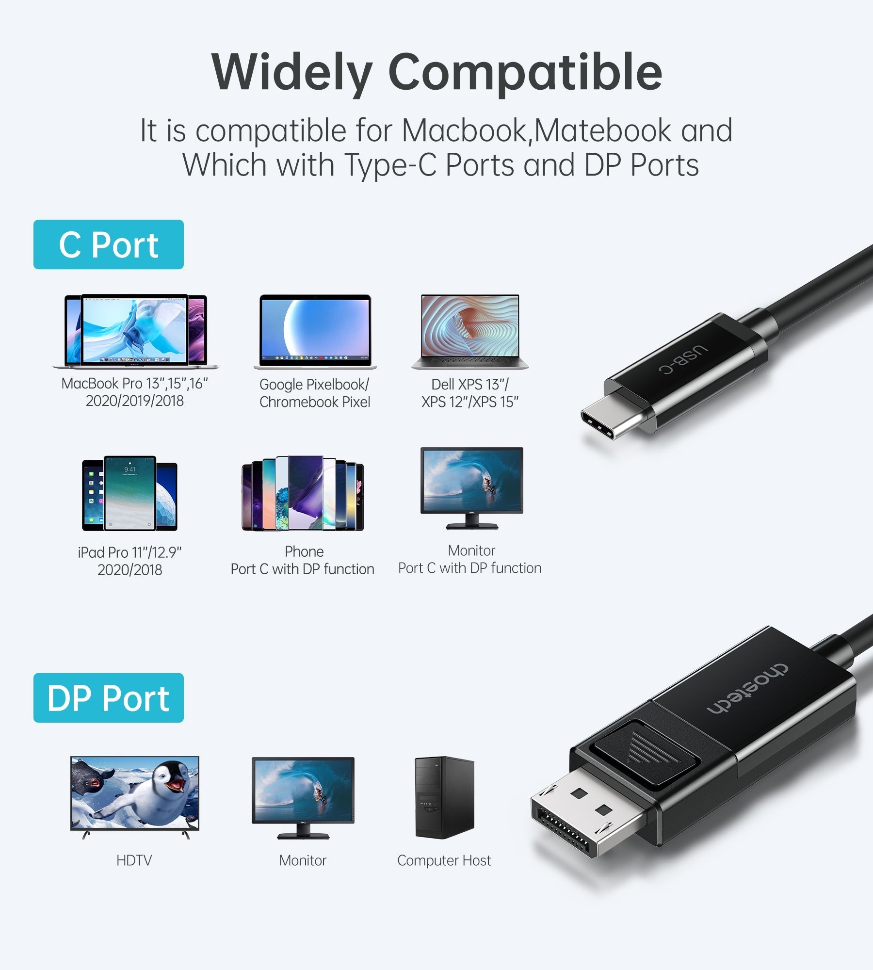 TVs & Accessories: CHOETECH XCP-1803 USB-C To DisplayPort Cable 8K@30Hz 1.8M Two-Way