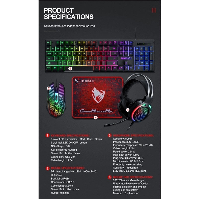 Musical Toys: T-Wolf TF400 4-pcs Rainbow Keyboard/Mouse/Headphone/Mouse Pad Kit Set