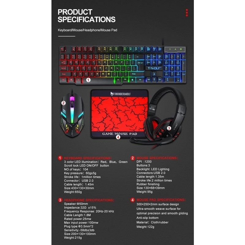 Desktops & Accessories: T-Wolf TF800 RGB 4-pcs Gaming Keyboard/Mouse/Headphone/Mouse Pad Kit Set