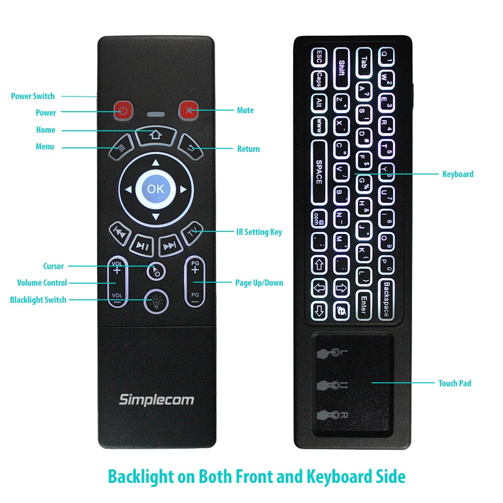 Keyboards & Accessories: Simplecom RT250 Rechargeable 2.4GHz Wireless Remote Air Mouse Keyboard with Touch Pad and Backlight