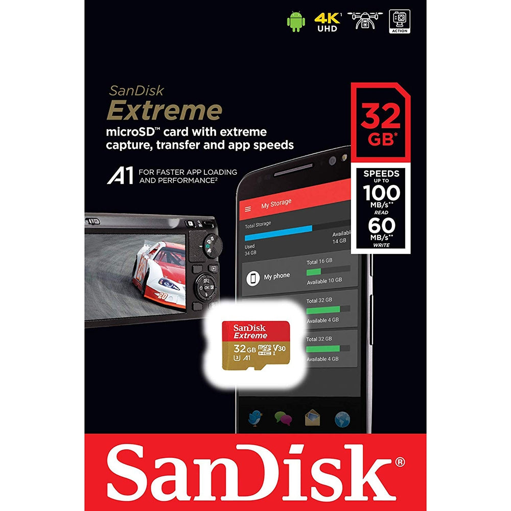 Memory Cards: SANDISK SDSQXAF-032G-GN6MN 32GB MICRO SDHC EXTREME A1 V30, UHS-I/ U3, 100MB/s ,NO  SD ADAPTER