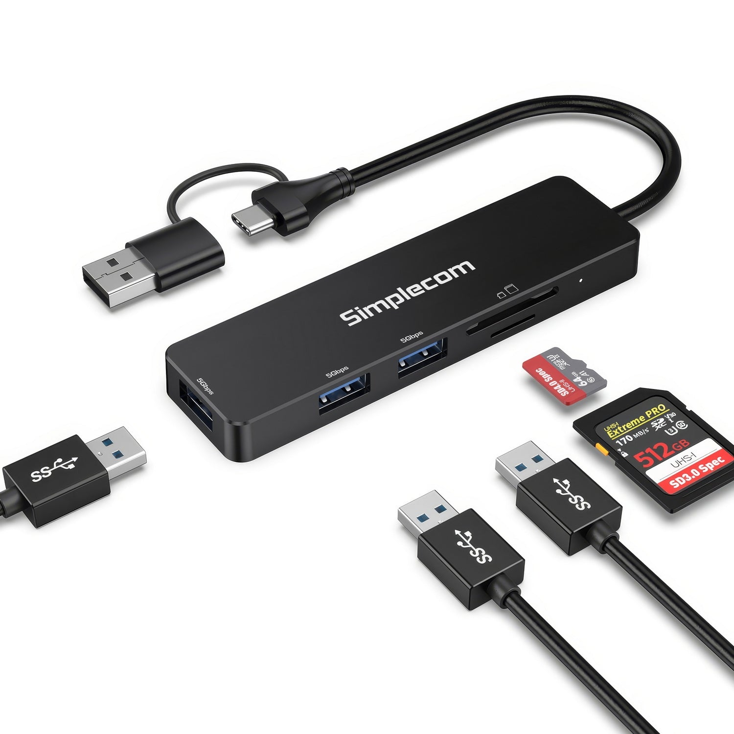 Desktops & Accessories: Simplecom CH365C SuperSpeed 3-Port USB Hub with SD MicroSD Card Reader USB-A and USB-C Dual Connector