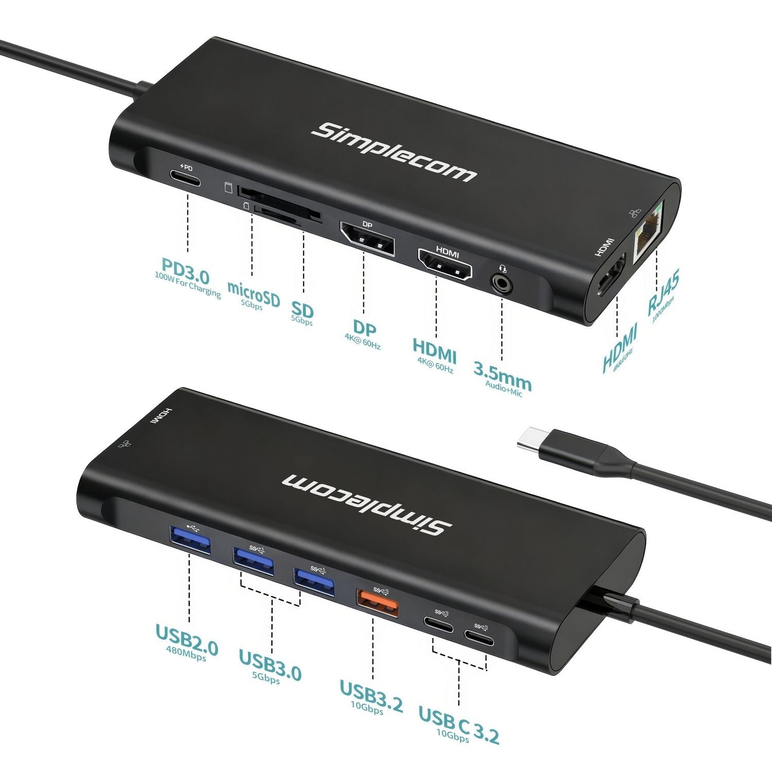 Simplecom CHT814 14-in-1 USB-C 4K Triple Display MST Docking Station with Dual HDMI DP