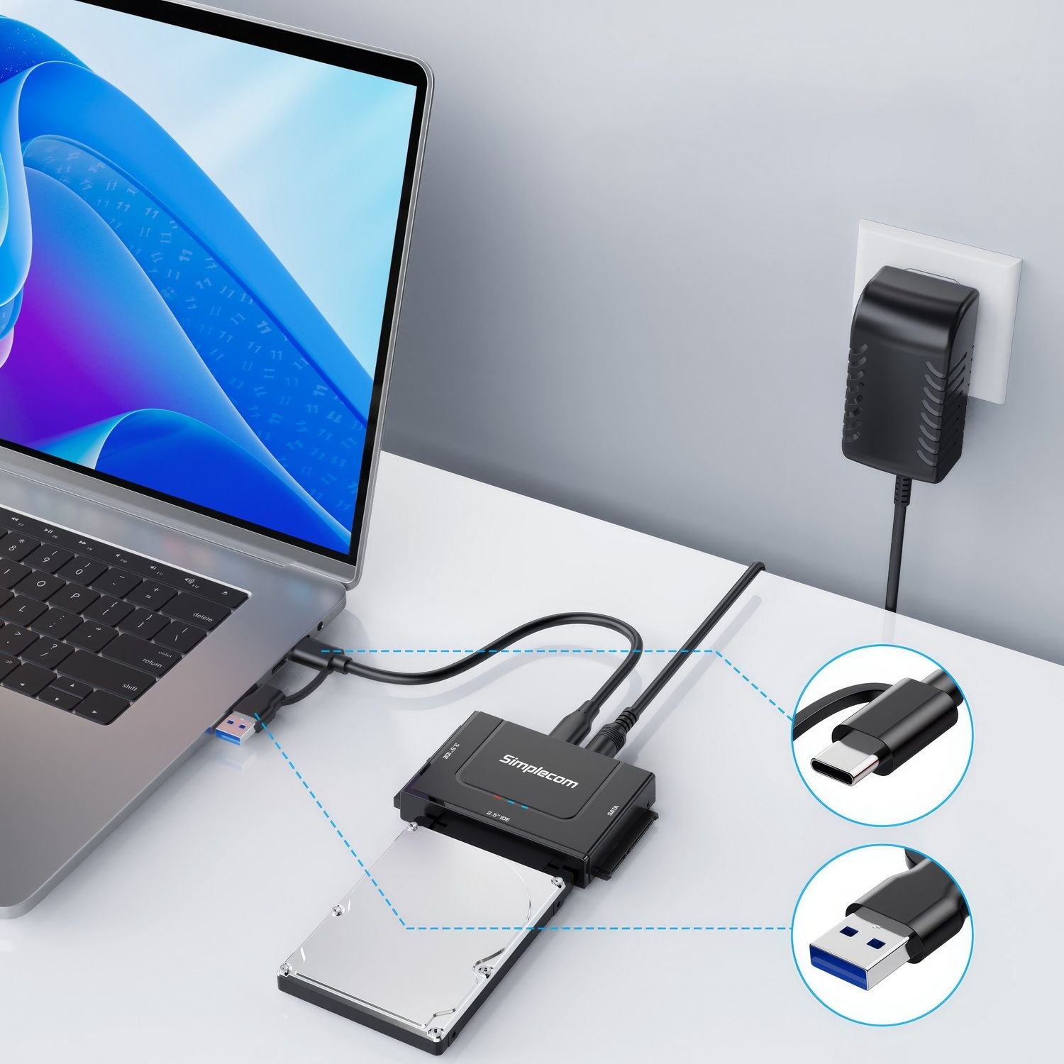 Simplecom SA492C SuperSpeed USB to 2.5", 3.5" & 5.25" SATA/IDE Adapter with Power Supply