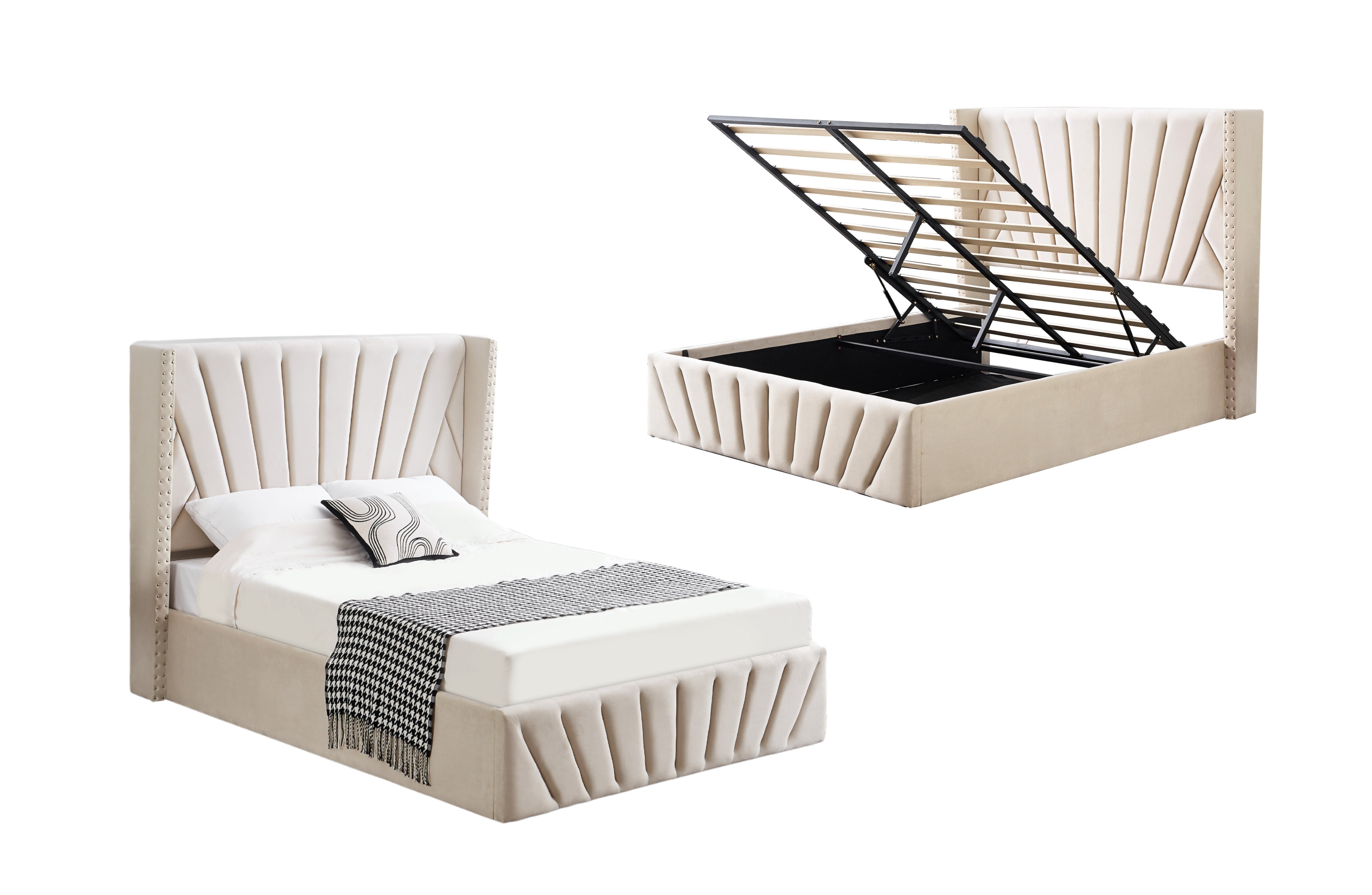 Beds & Bed Frames: Allure Beige Velvet Gas Lift Bed - King