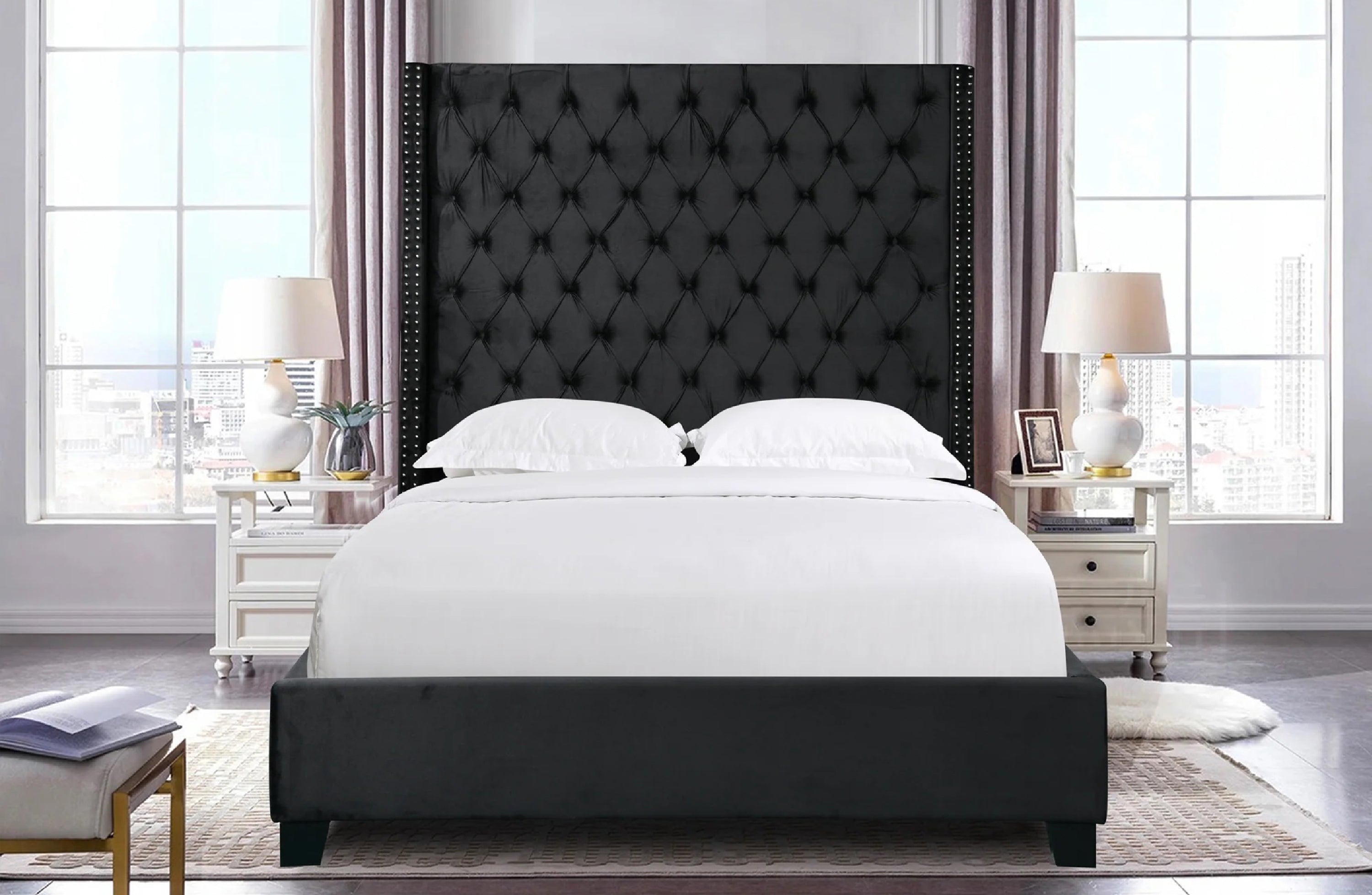 Beds & Bed Frames: Ella Black Velvet Winged Bed 180cm - King