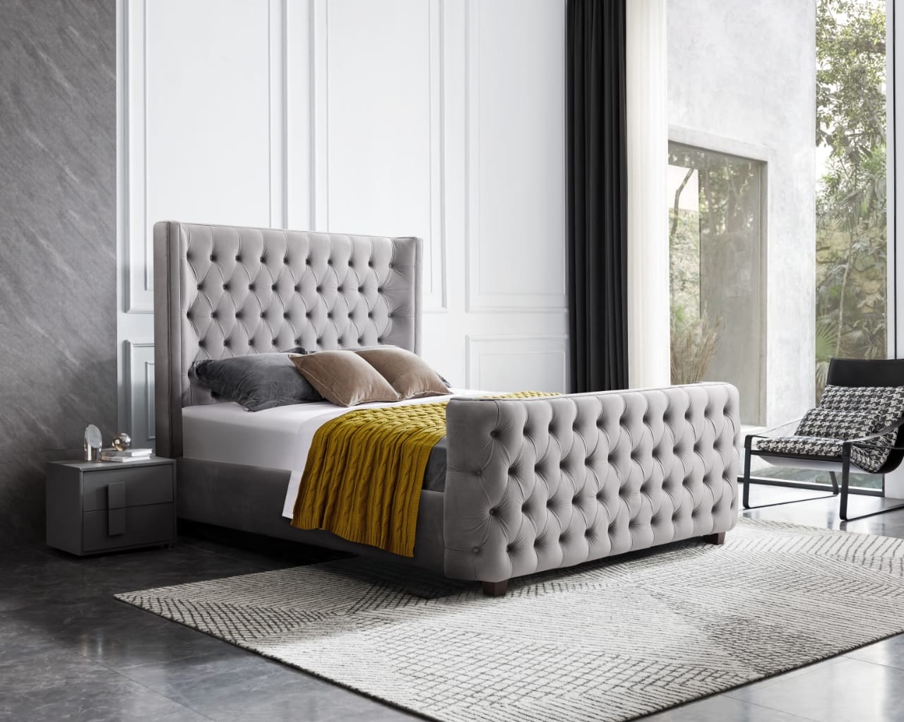 Beds & Bed Frames: Milan Grey Velvet Tufted  Headboard and End board Bed Frame - King