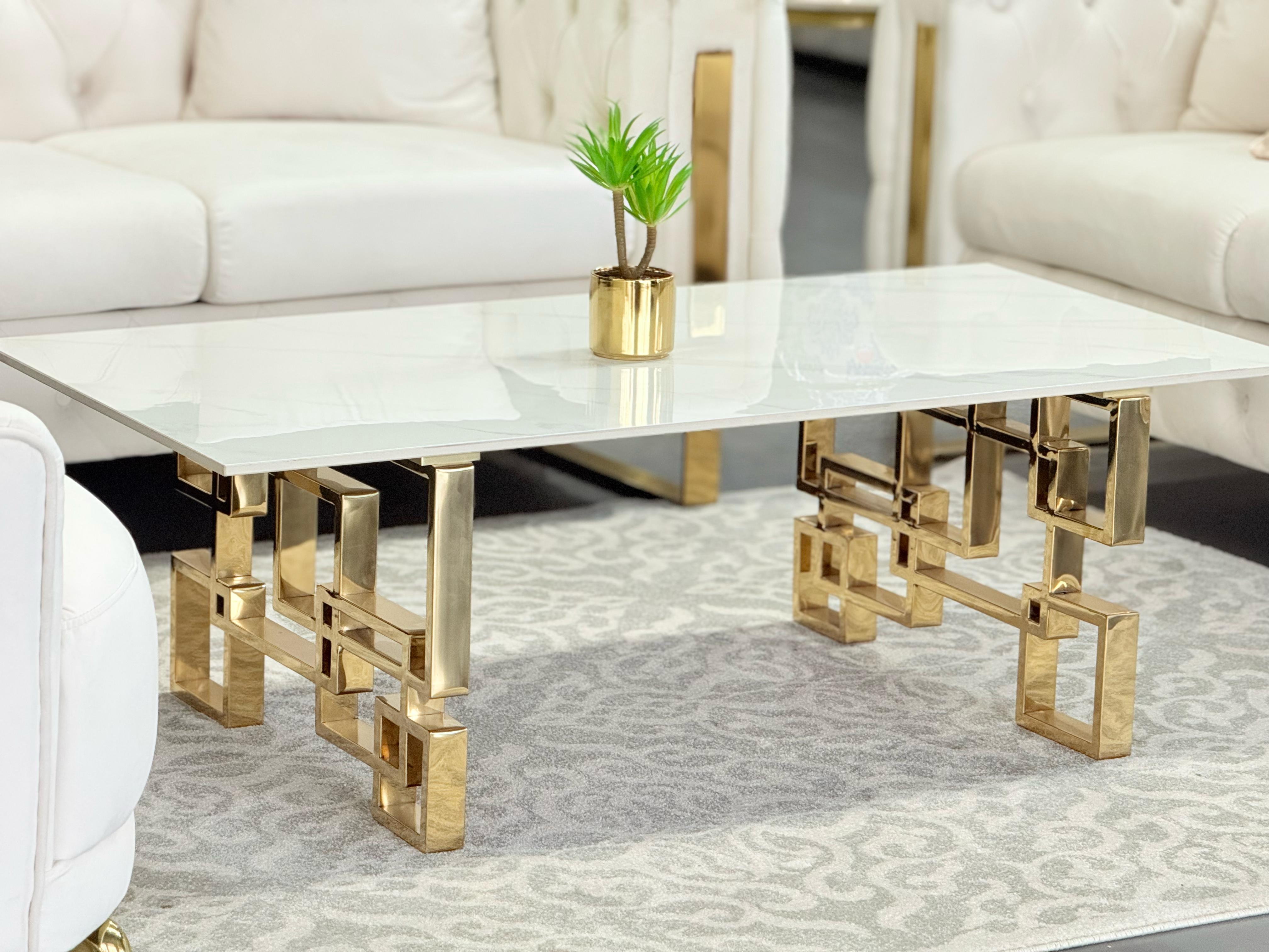 Coffee Tables: Royale Gold Coffee Table - White Marble