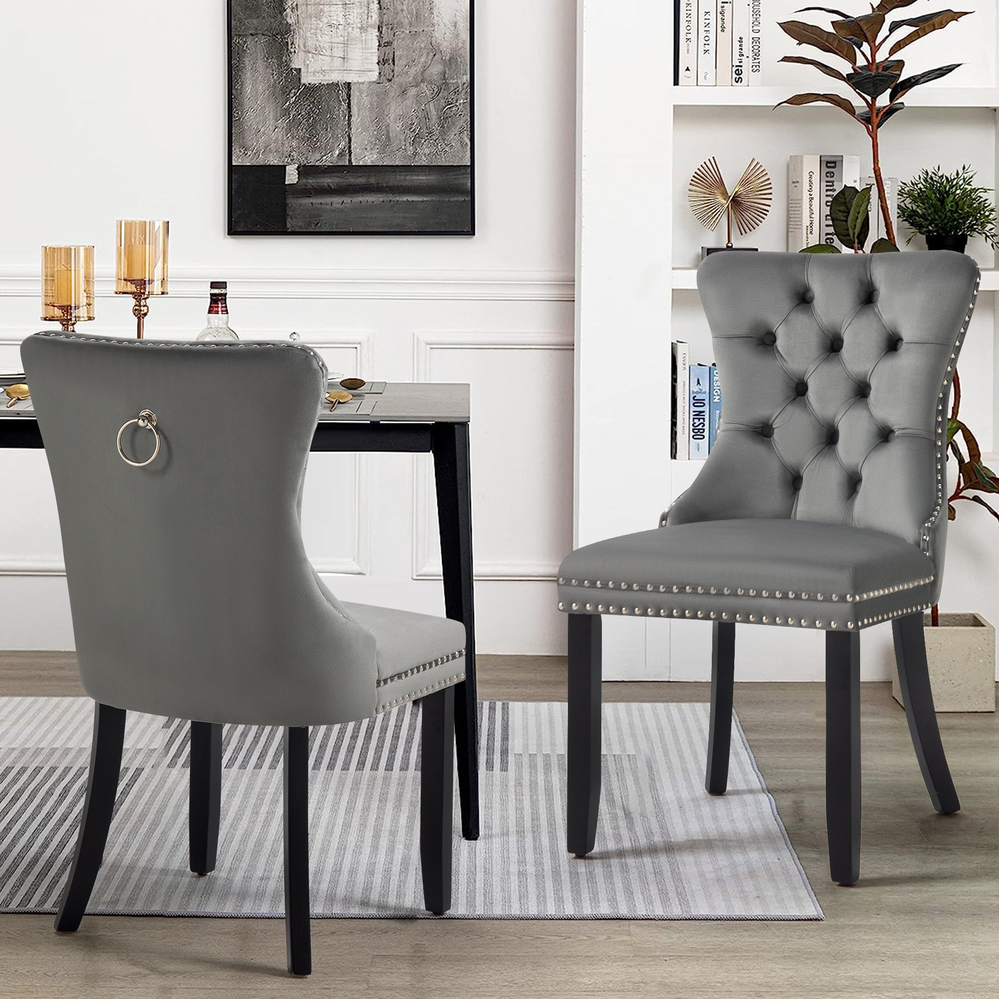 Kitchen & Dining Chairs: Set of 2 - Alsea Dark Grey Velvet & Black Rubberwood Dining Chairs Upholstered Tufted Stud Trim and Ring