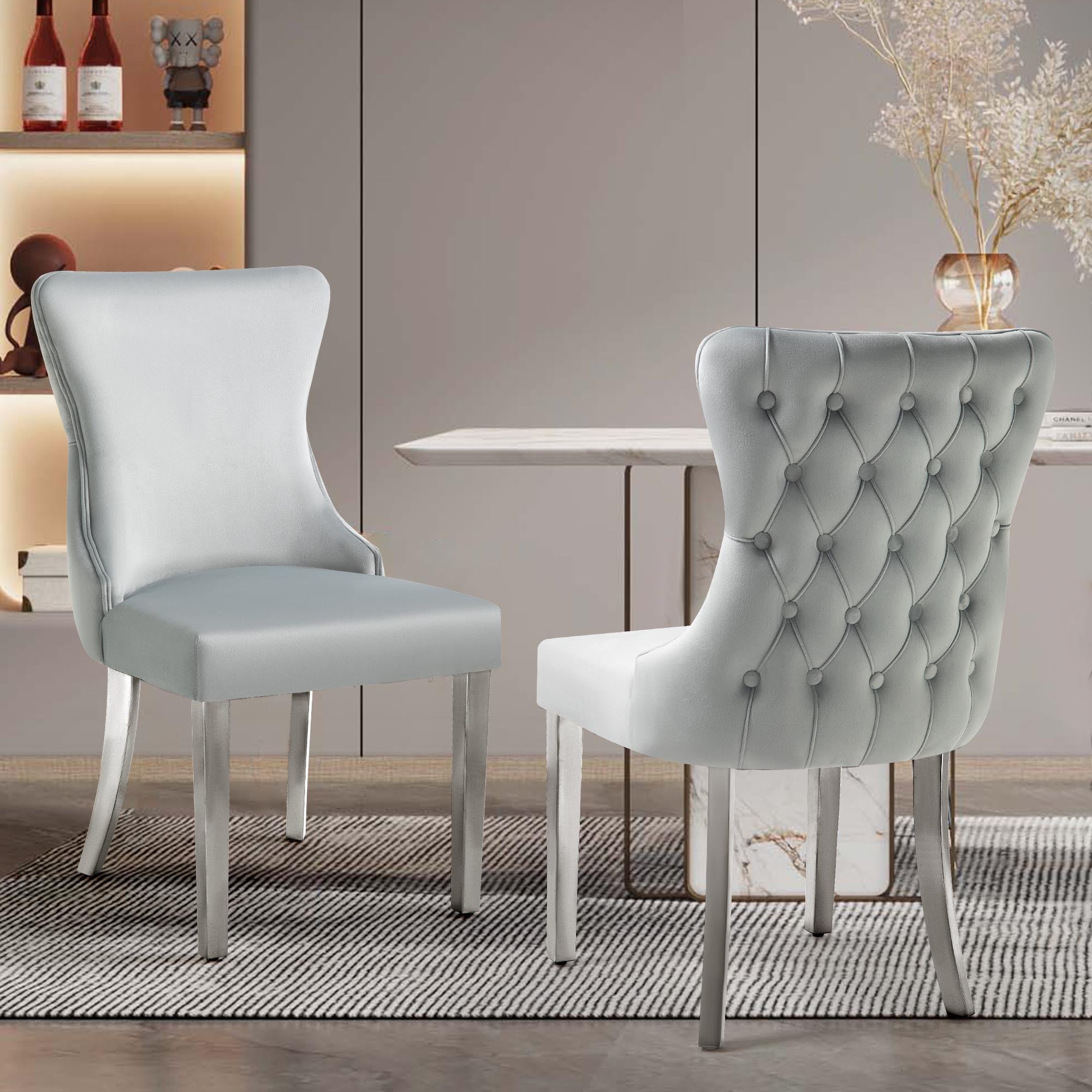 Kitchen & Dining Chairs: Set of 2 - Paris Light Grey Velvet  & Silver Polished Steel Upholstered Dining Chairs Tufted Back