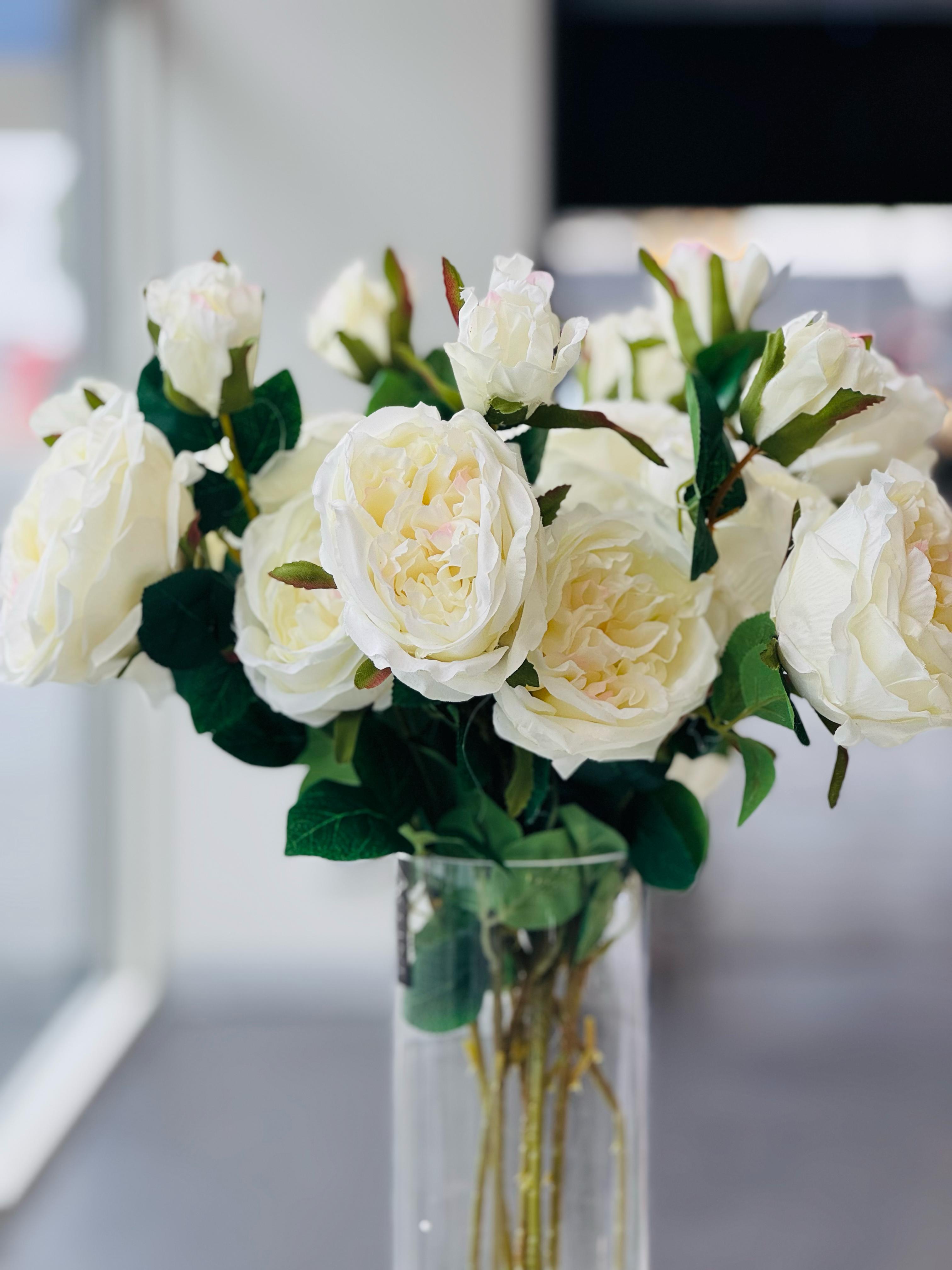 Artificial Flowers & Plants: Artificial Rose Stems  Set of 2 Stems  60cm with 3 Flowers Each - Off White