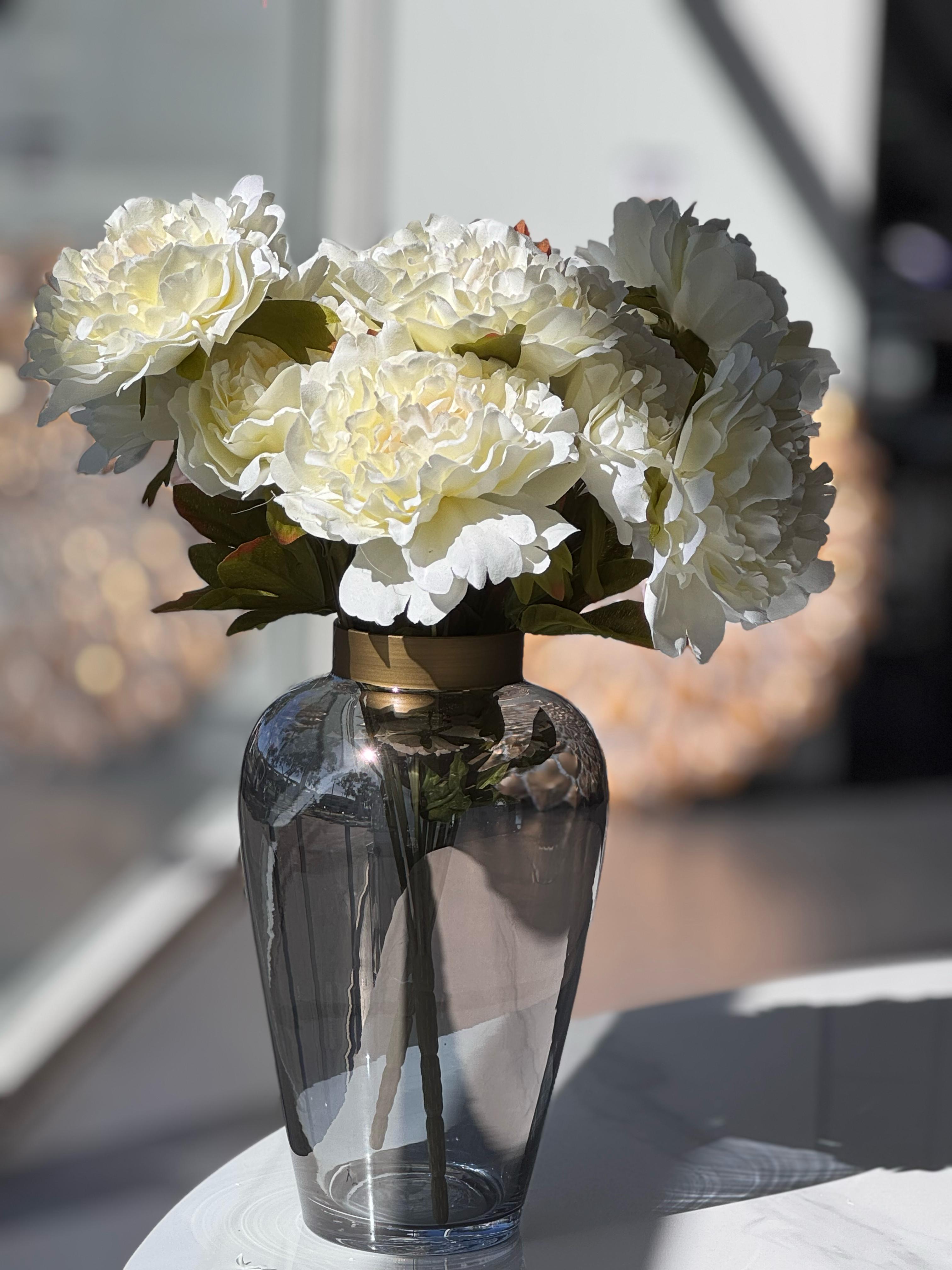 Artificial Flowers & Plants: Artificial Bloomed Peony Bunch  Set of 2 Bunches  45cm with 5 Flowers Each - White