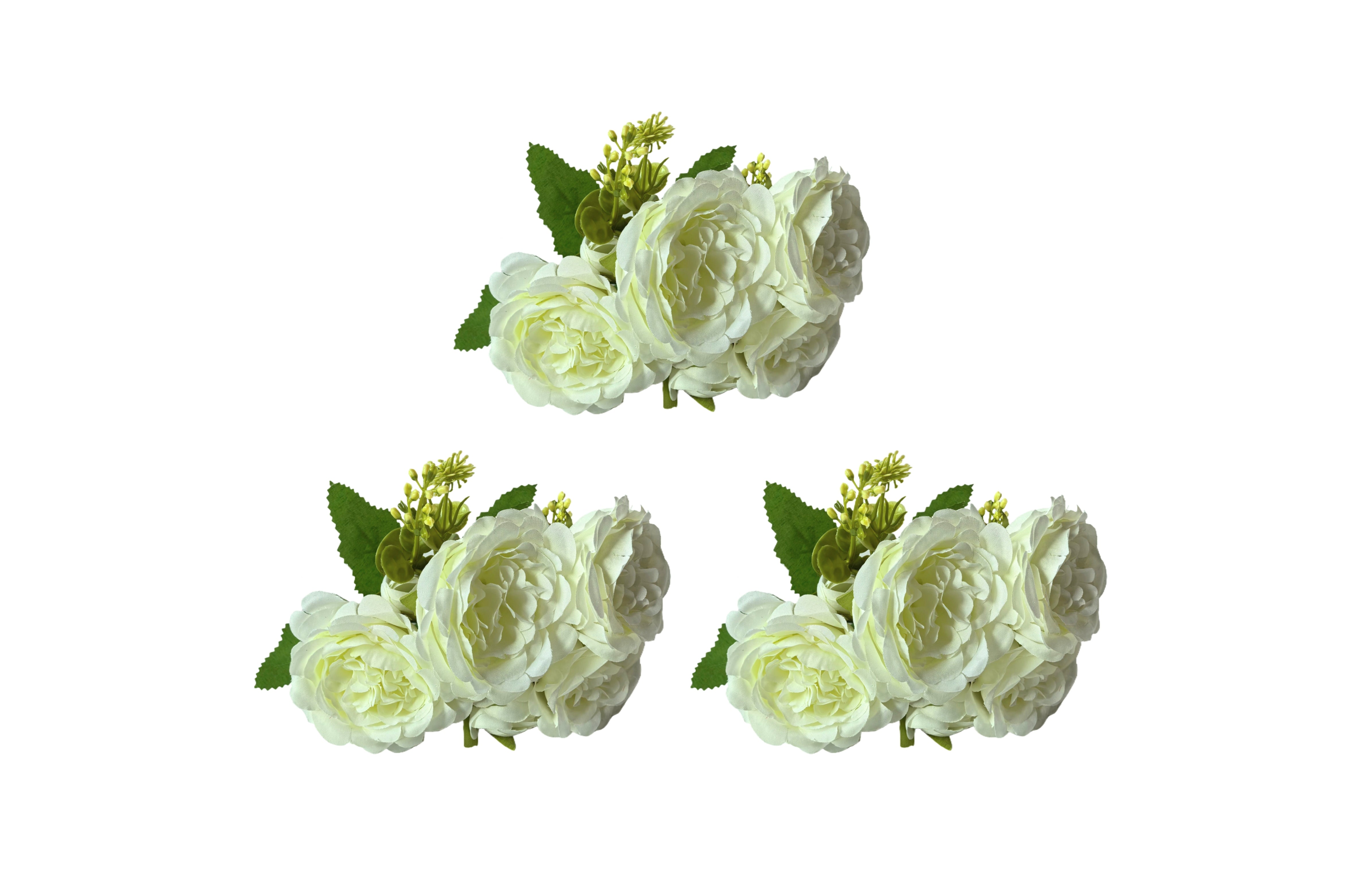 Artificial Flowers & Plants: Artificial Rose Bunch  31cm (Set of 3 Stems, 4 Flowers Each) - White