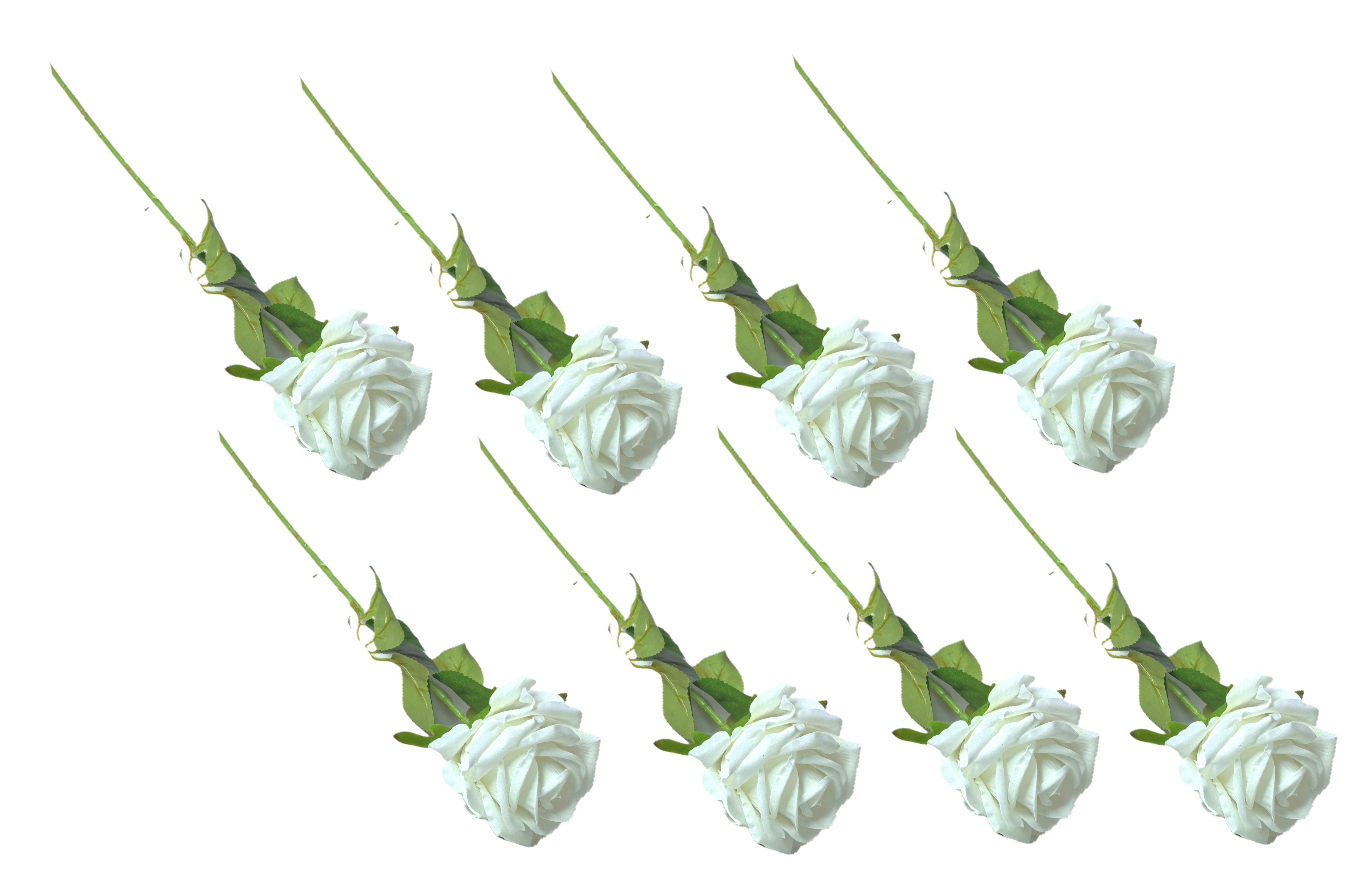 Artificial Flowers & Plants: Artificial Single Stem Rose 50cm - White - Set of 8 Stems