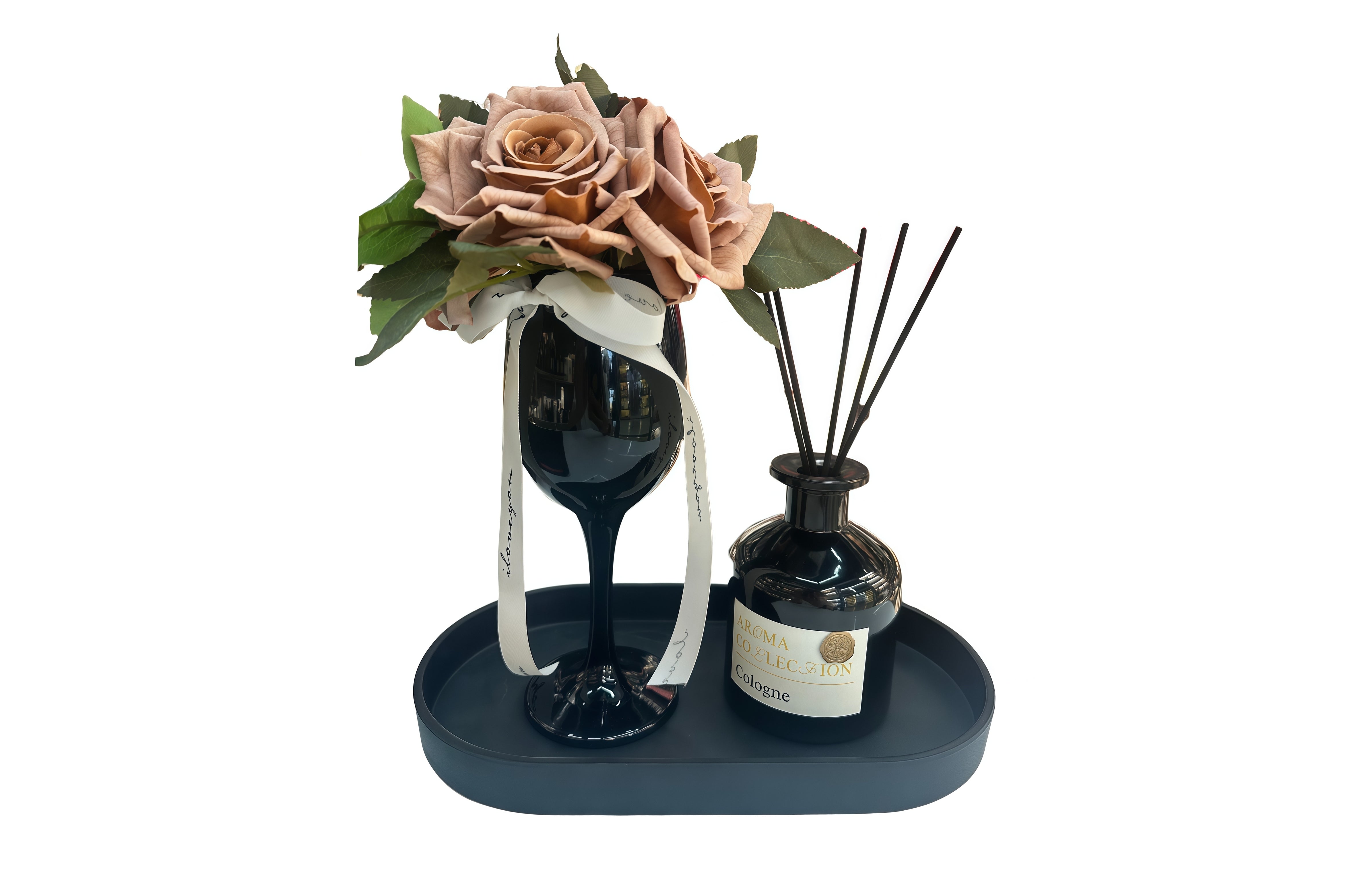 Candles & Diffusers: Flower Decor Tray & Fragrance Diffuser Sets -Black