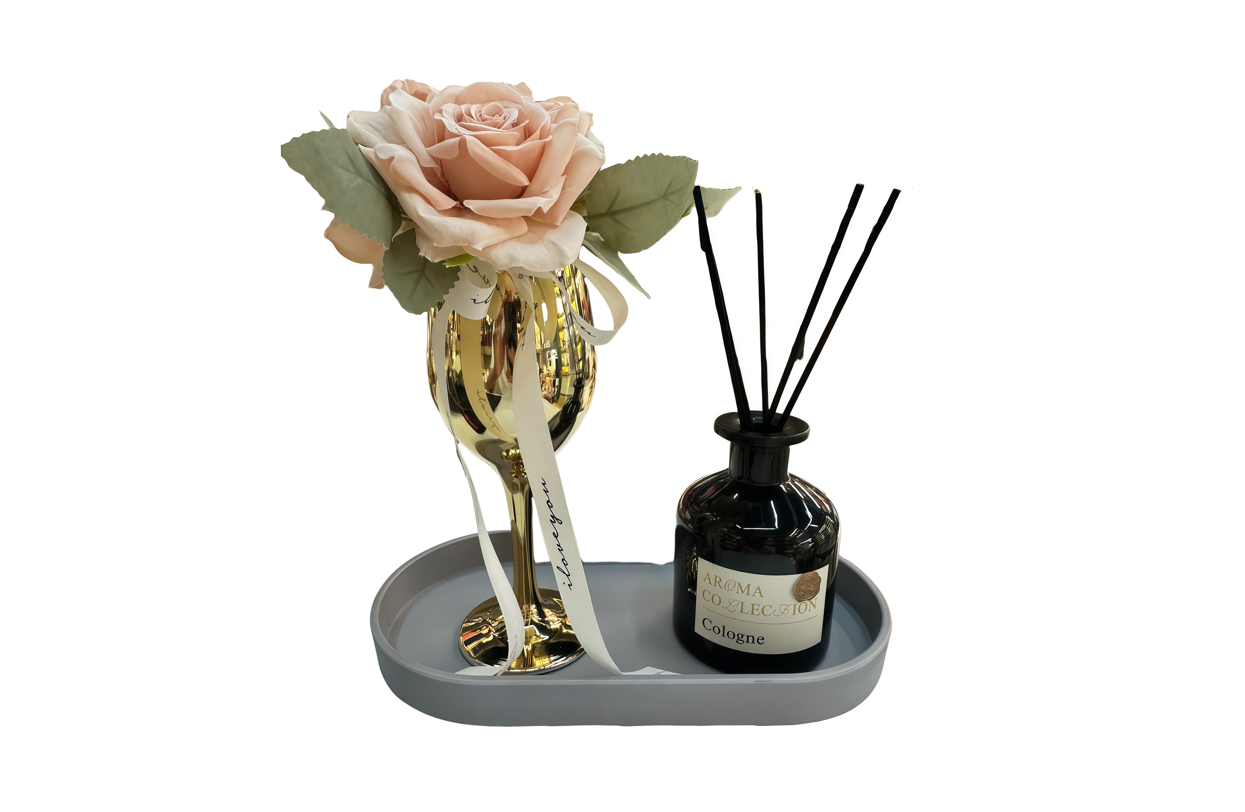 Candles & Diffusers: Flower Decor Tray & Fragrance Diffuser Sets -Gold