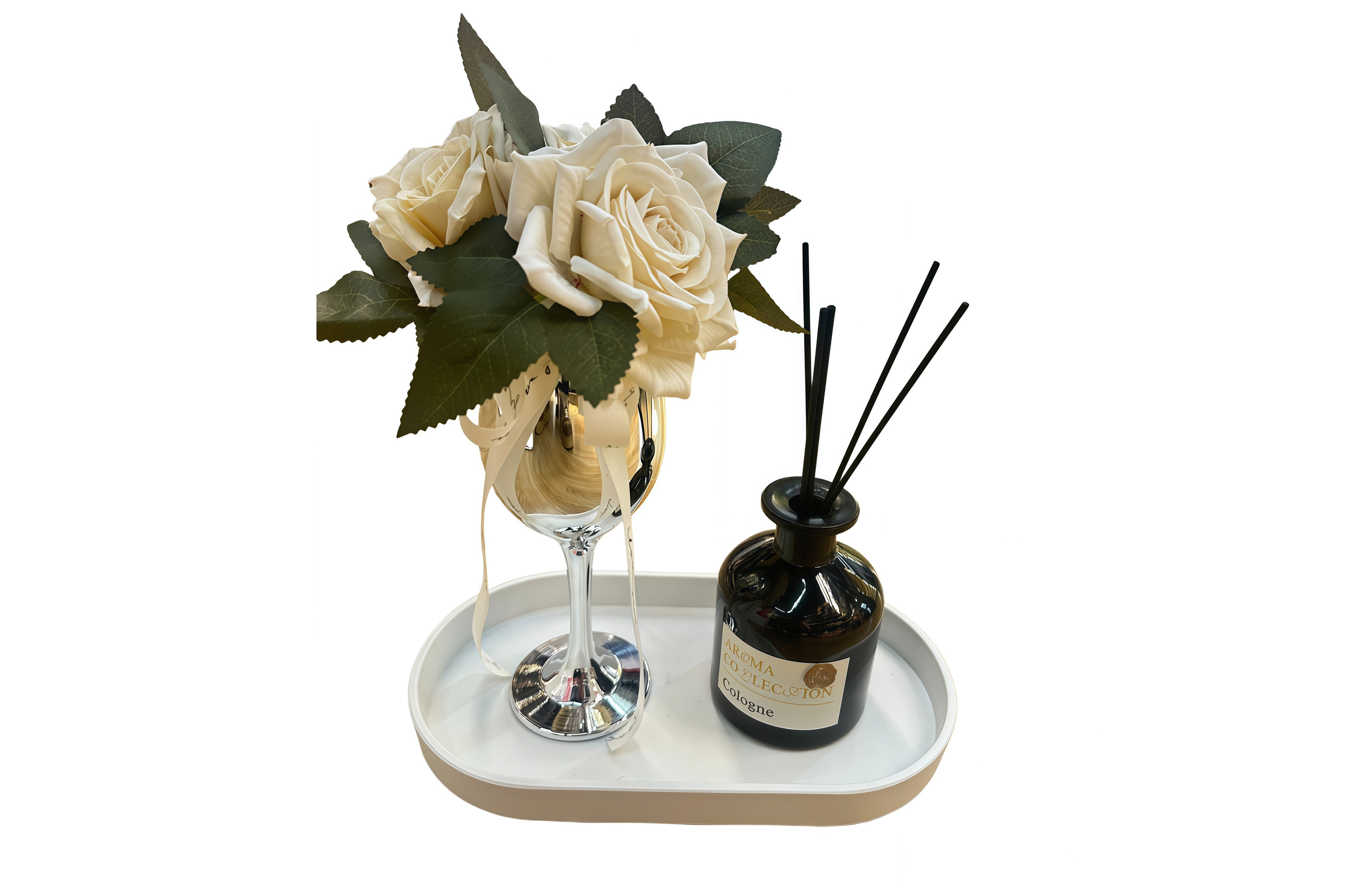Candles & Diffusers: Flower Decor Tray & Fragrance Diffuser Sets -Silver