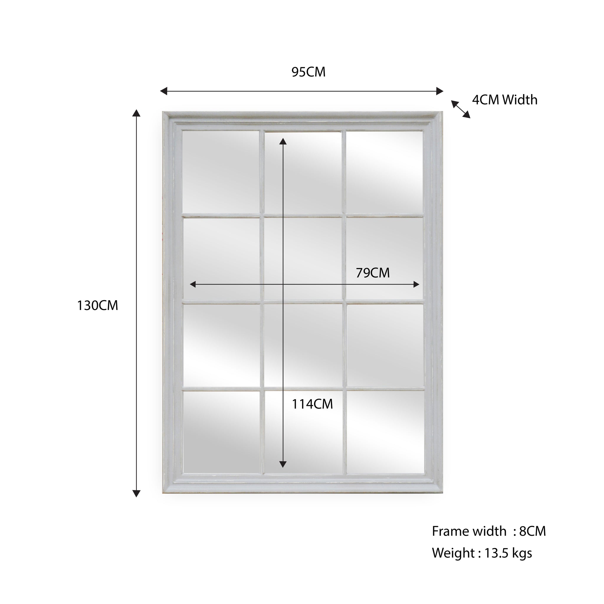 Mirrors: Window Style Mirror - White Rectangle 95cm x 130cm