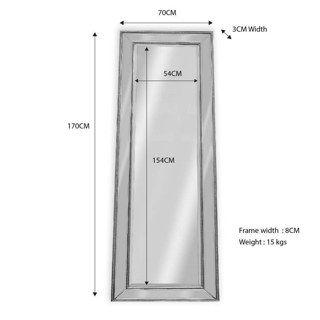 Mirrors: Medium Silver Beaded Framed Mirror - 70cm x 170cm