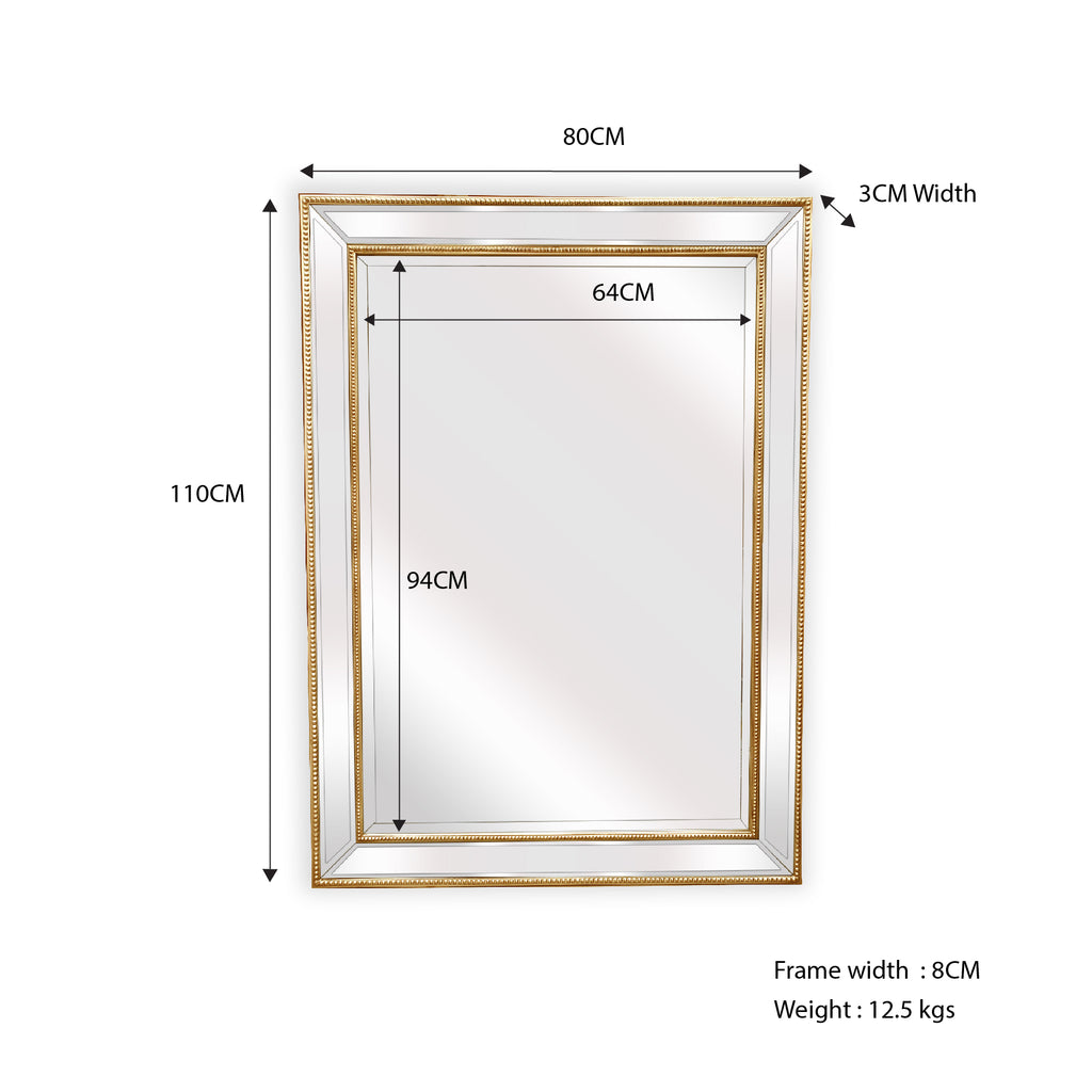 Mirrors: Gold Beaded Framed Mirror - Rectangle 80cm x 110cm