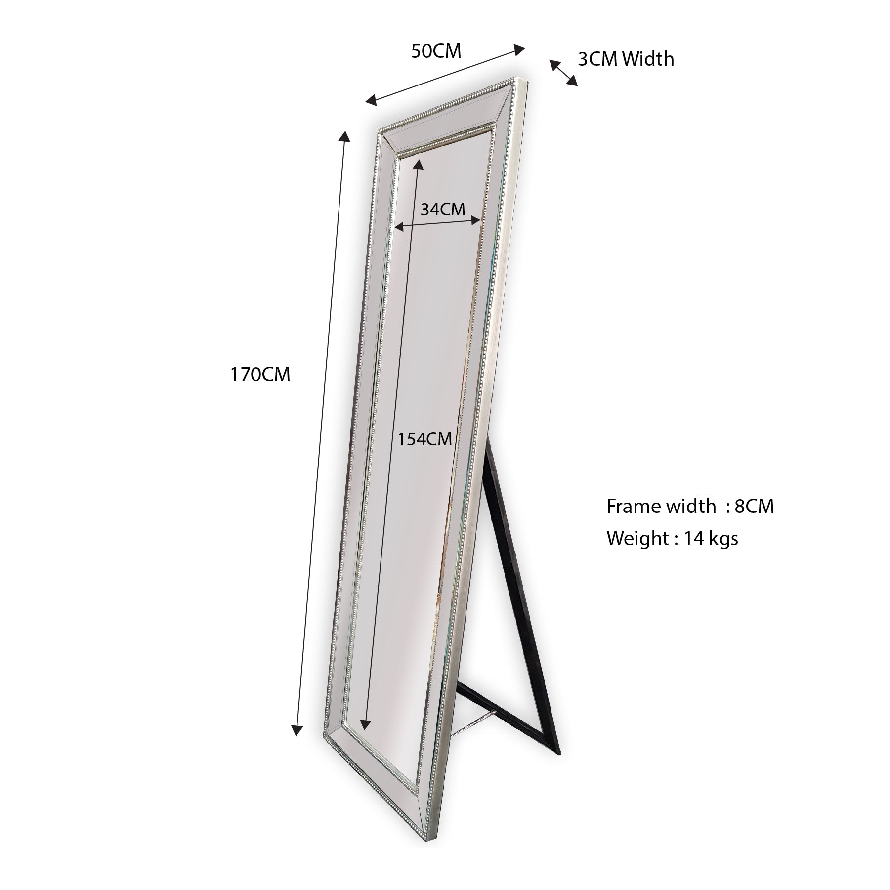 Mirrors: Silver Beaded Framed Mirror - Free Standing 50cm x 170cm