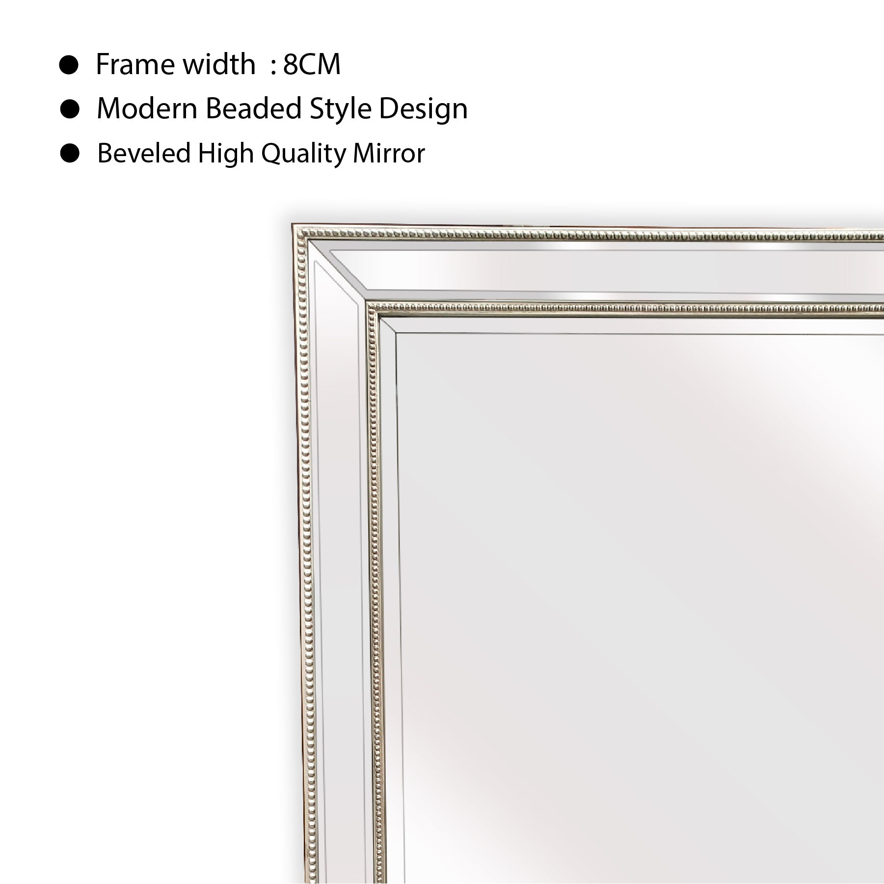 Mirrors: Silver Beaded Framed Mirror - Free Standing 50cm x 170cm