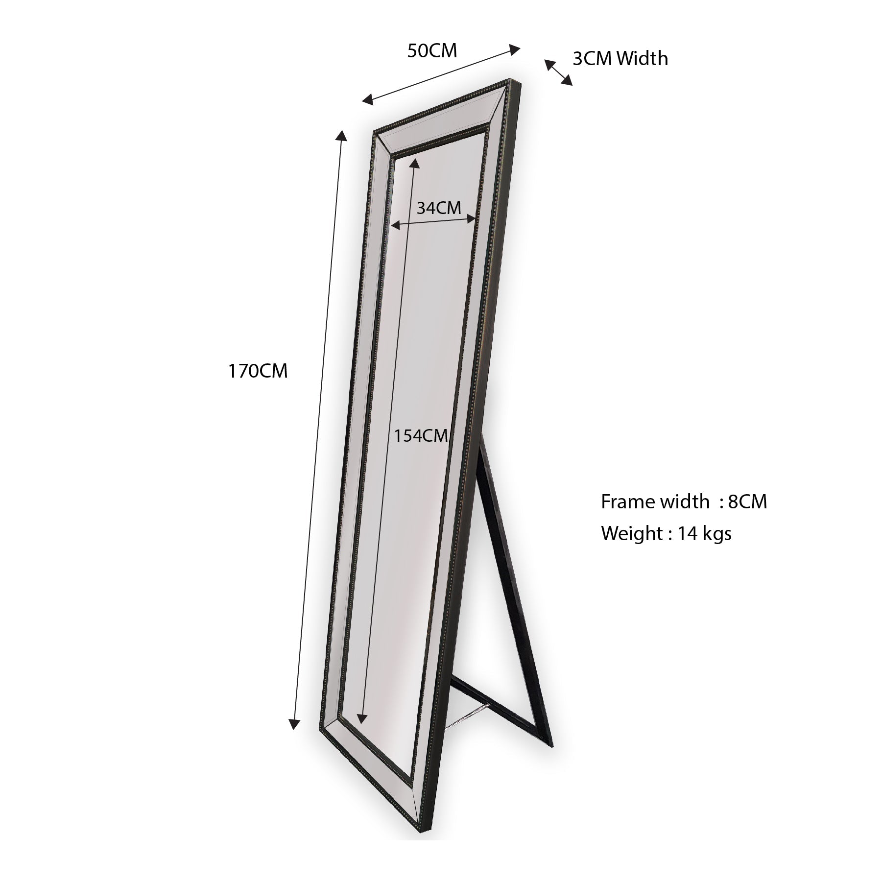 Mirrors: Black Beaded Framed Mirror - Free Standing 50cm x 170cm