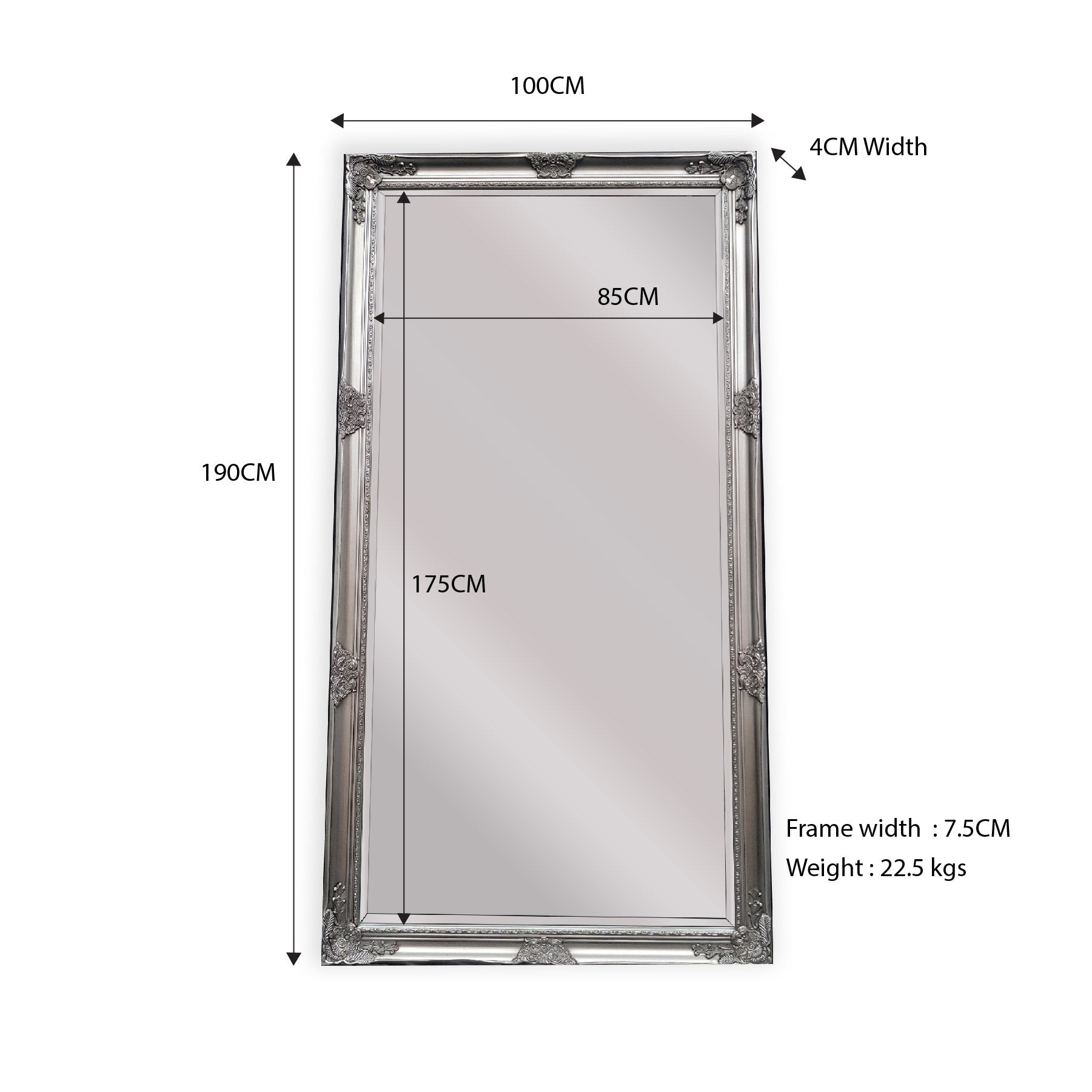 Mirrors: French Provincial Ornate Mirror - ANTIQUE SILVER- X Large 100cm x 190cm