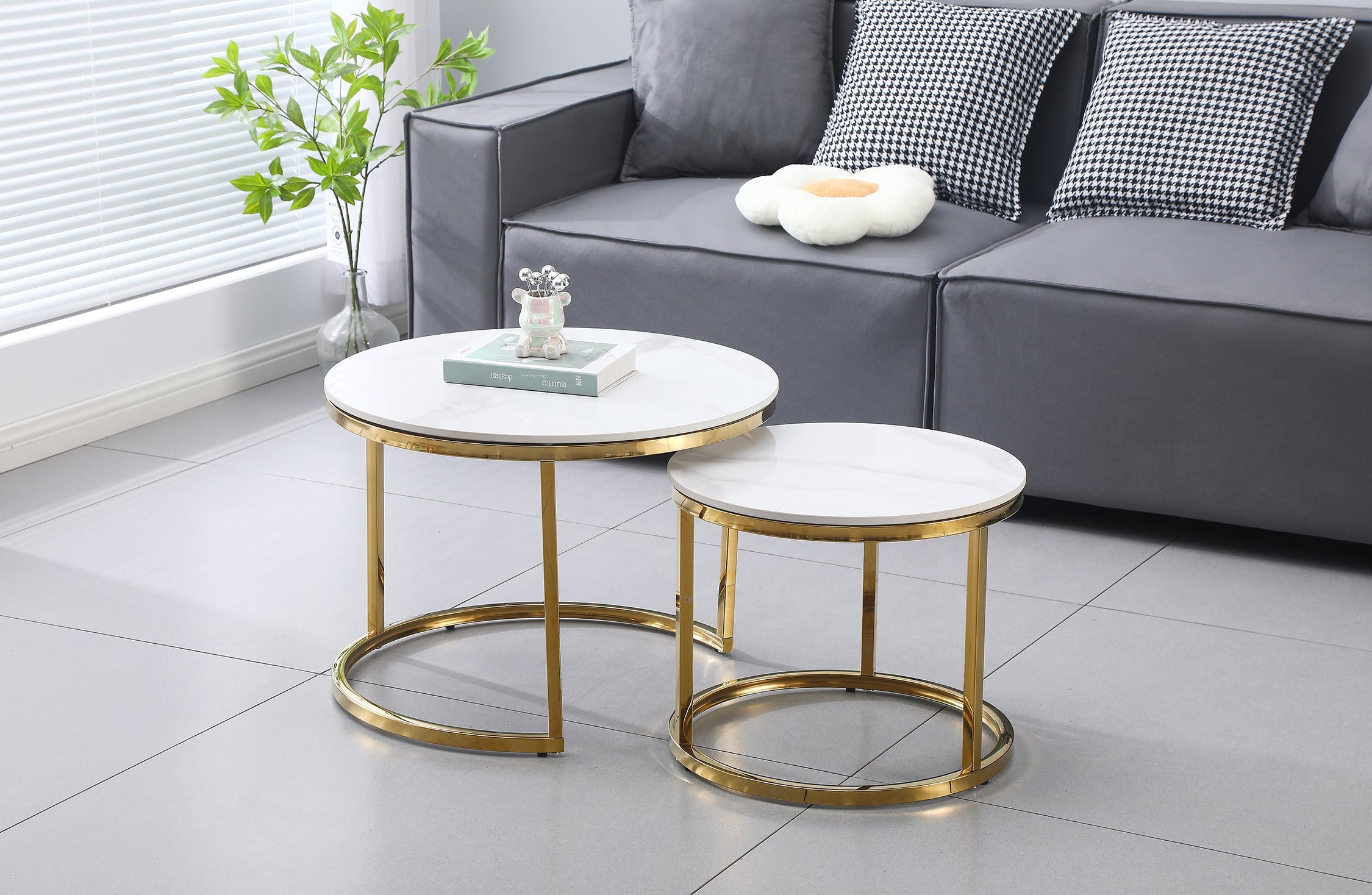 Coffee Tables: Nesting Style Coffee Table - White on Gold - 60cm/45cm