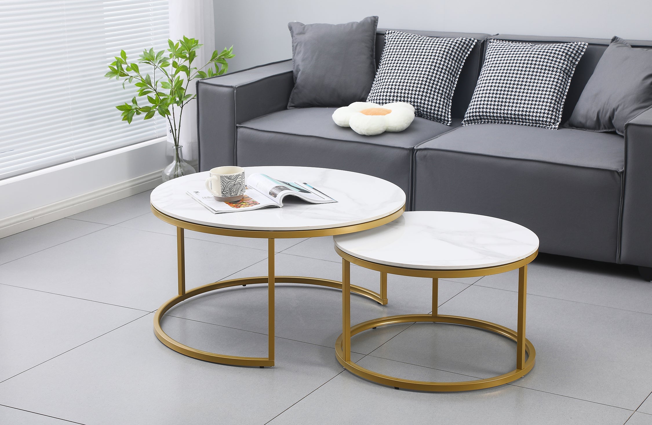 Coffee Tables: Nesting Style Coffee Table - White on Champagne Gold - 80cm/60cm