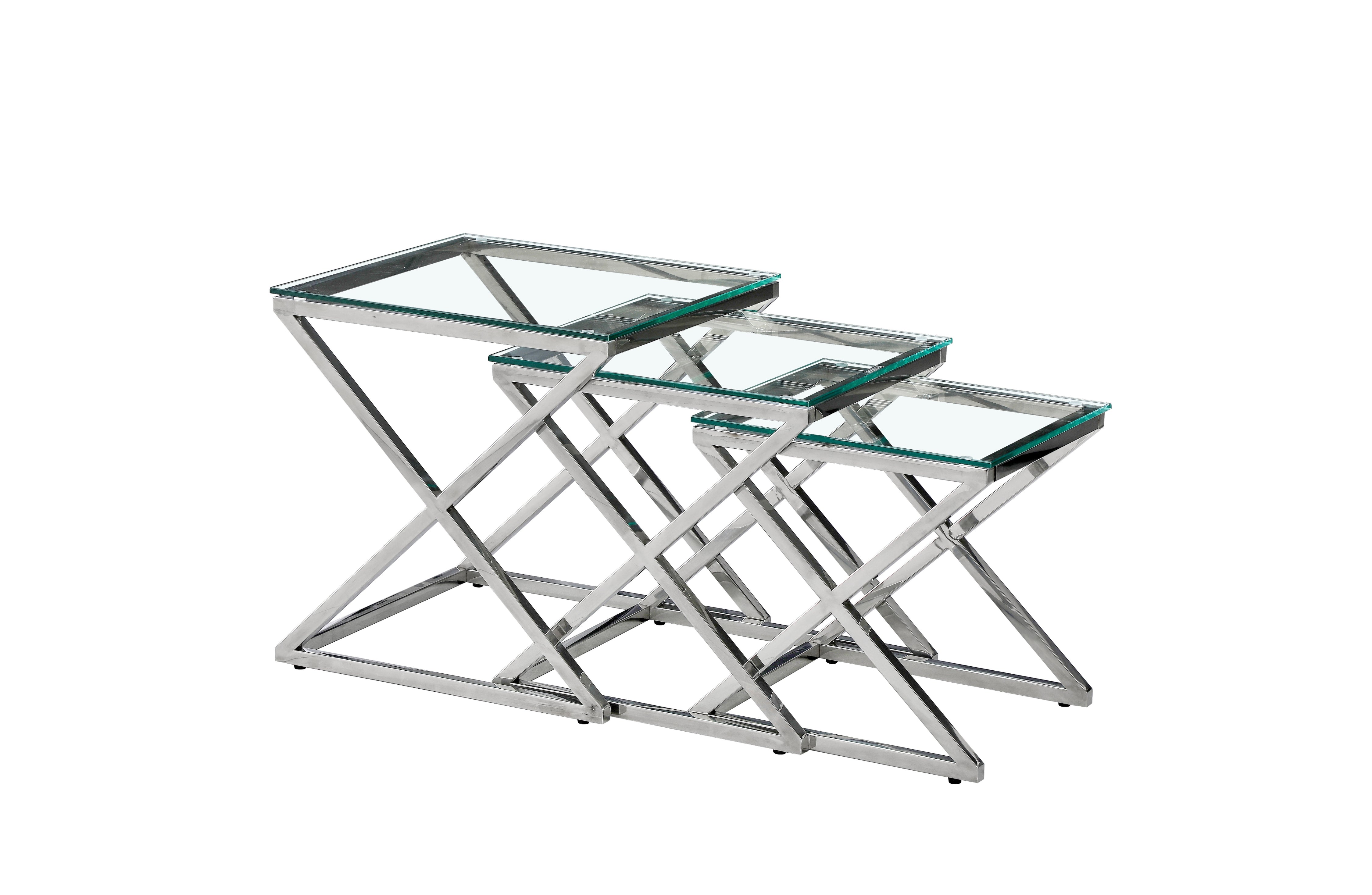 Side Tables: Bella Set of 3 Silver Side Table - Clear Glass