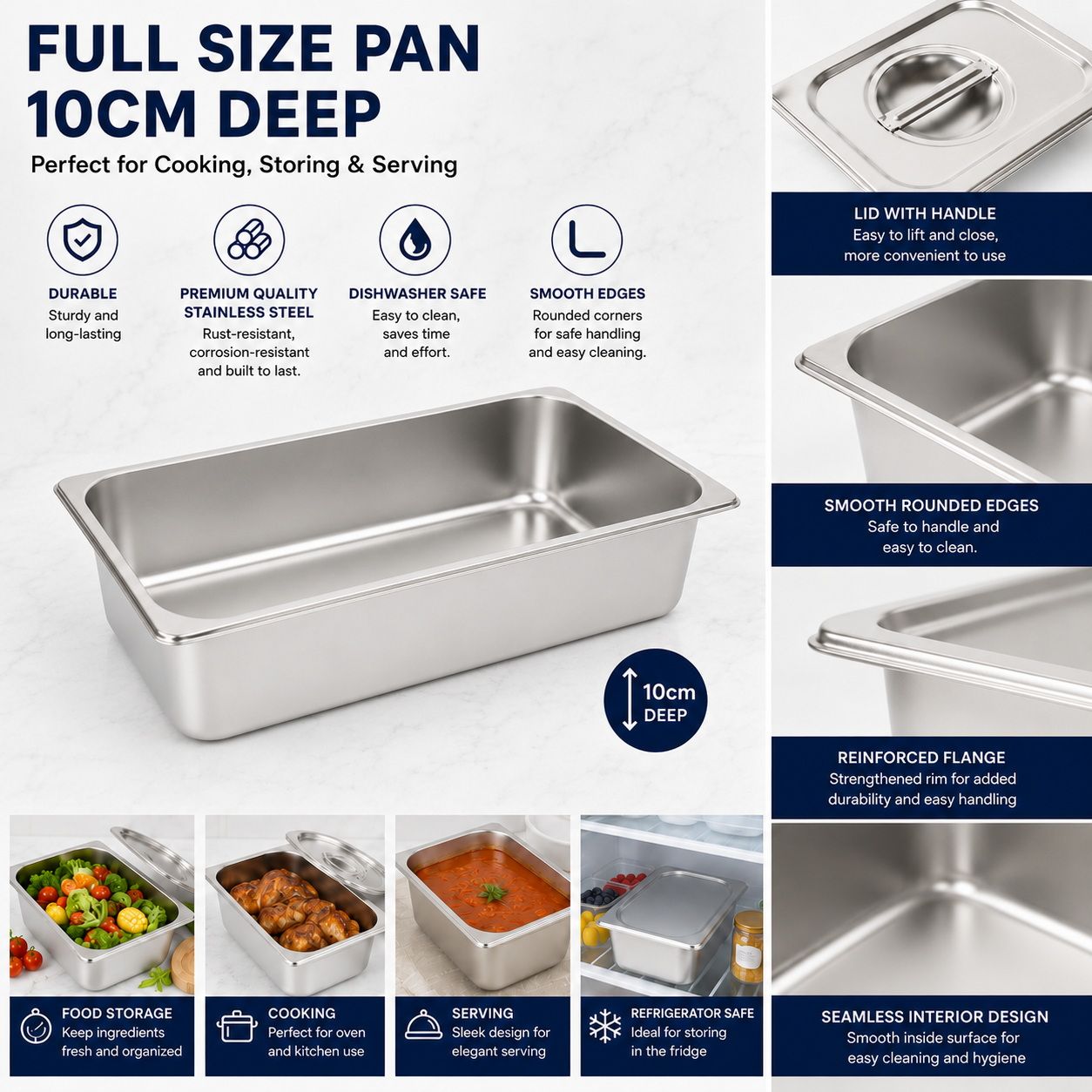 Commercial Stainless Steel GN 1/1 100mm Deep Gastronorm Bain Marie Buffet Steam Table Food Pan with Lid