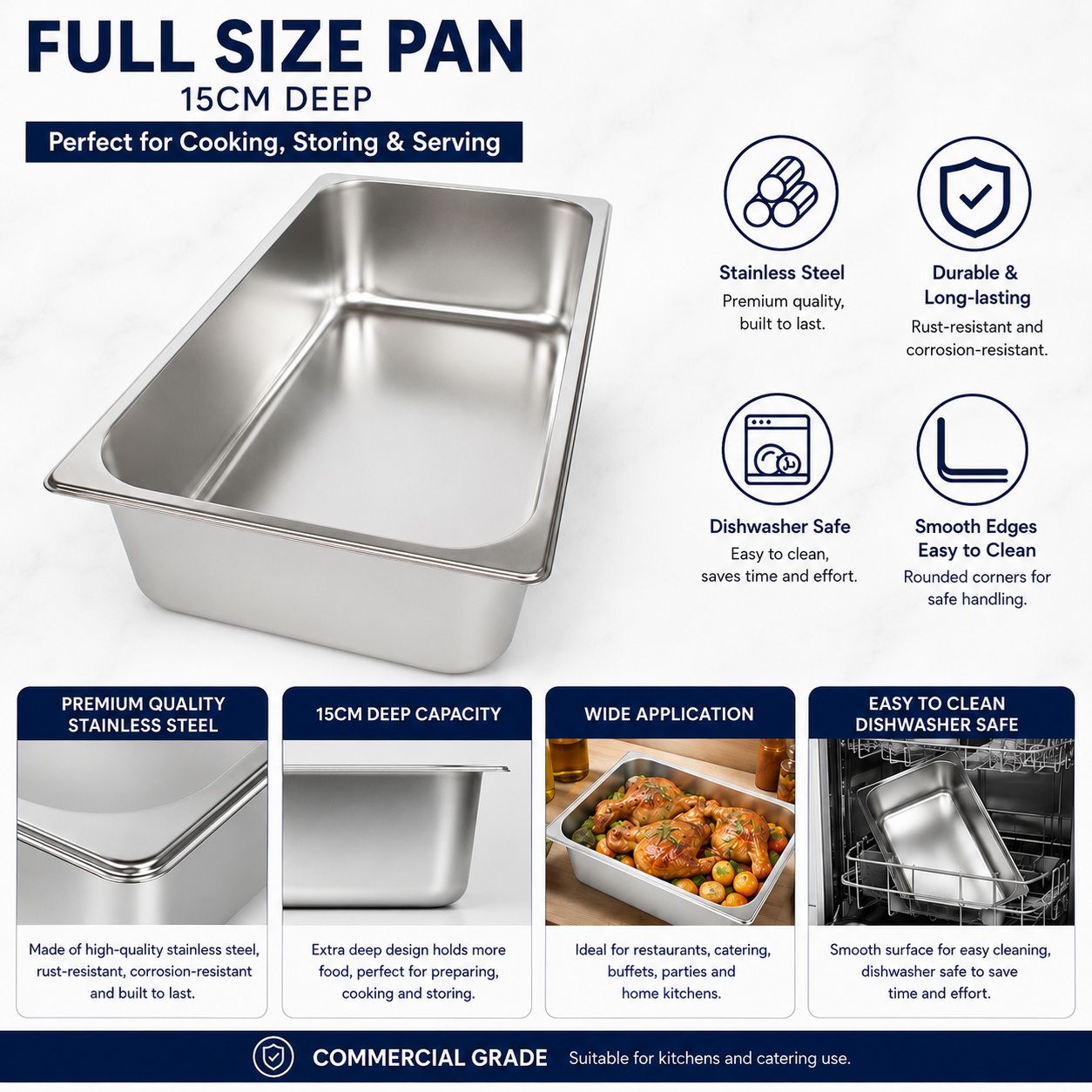 Commercial Stainless Steel GN 1/1 150mm Deep Gastronorm Bain Marie Buffet Steam Table Food Pan with Lid