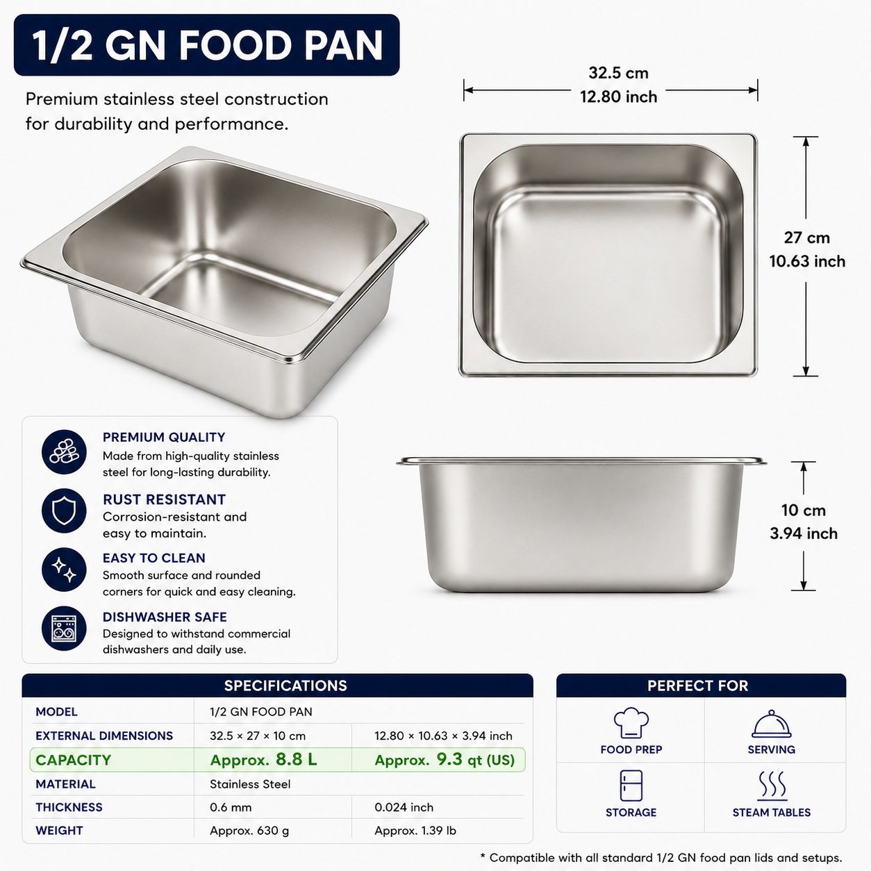 Commercial Stainless Steel GN 1/2 100mm Deep Gastronorm Bain Marie Buffet Steam Table Food Pan