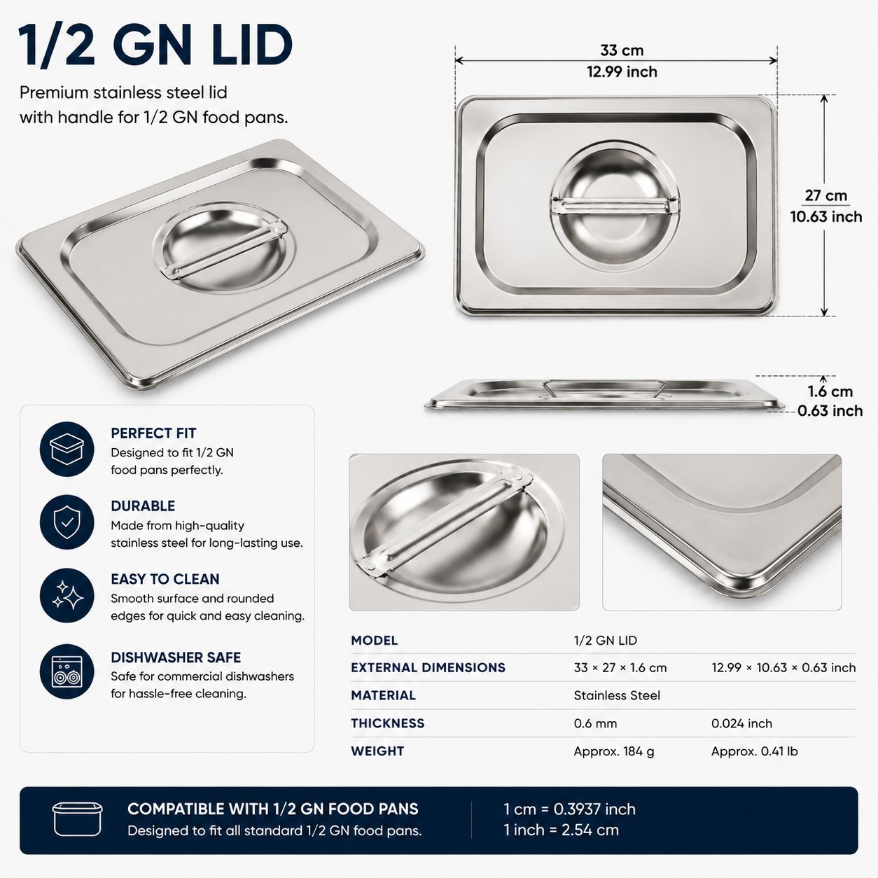 Commercial Stainless Steel GN 1/2 100mm Deep Gastronorm Bain Marie Buffet Steam Table Food Pan with Lid