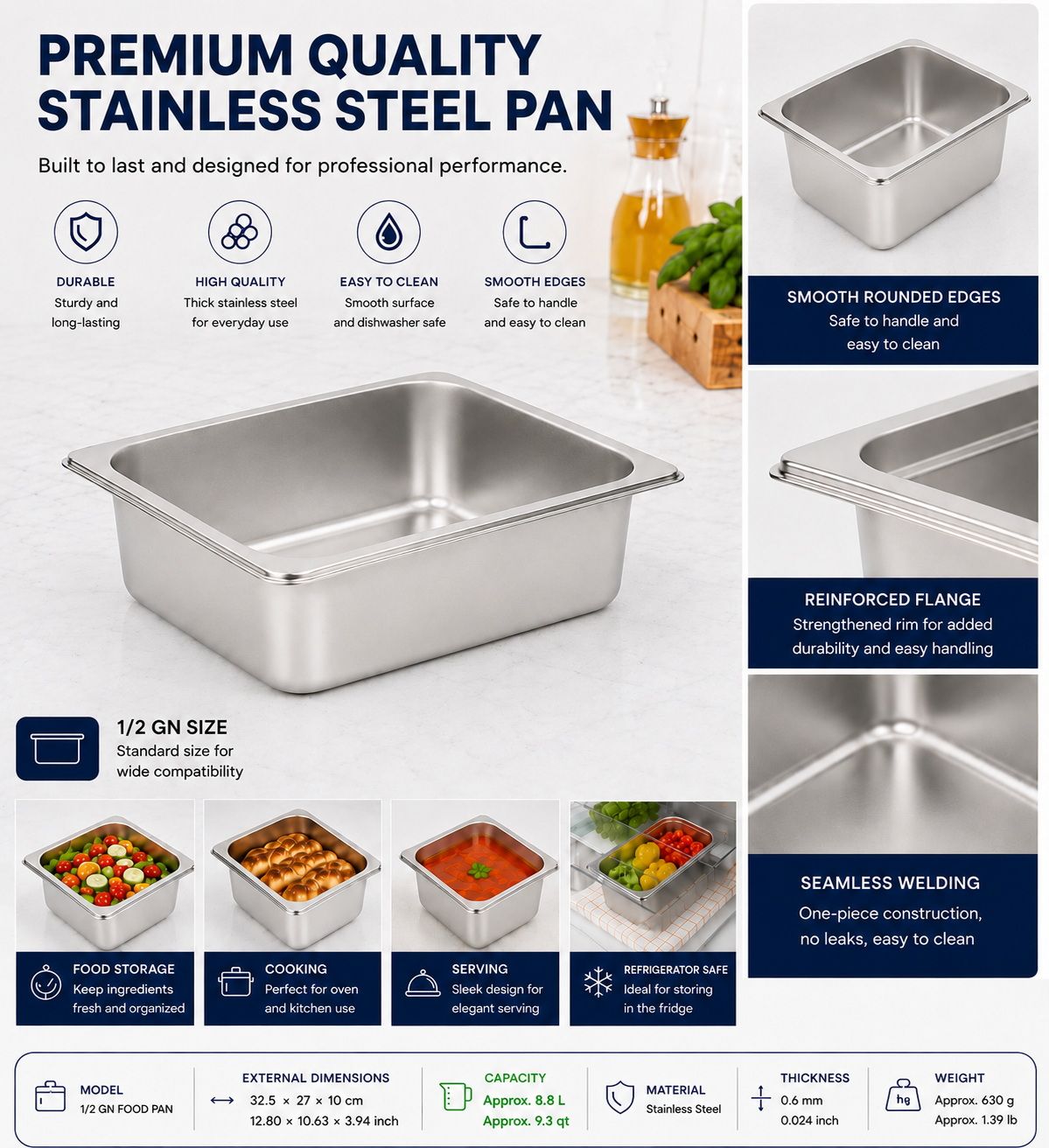 Commercial Stainless Steel GN 1/2 100mm Deep Gastronorm Bain Marie Buffet Steam Table Food Pan with Lid