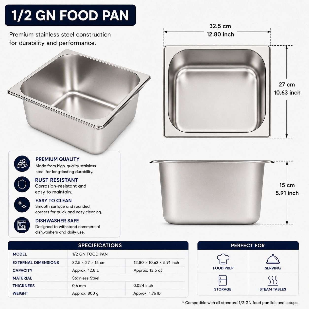 Commercial Stainless Steel GN 1/2 150mm Deep Gastronorm Bain Marie Buffet Steam Table Food Pan