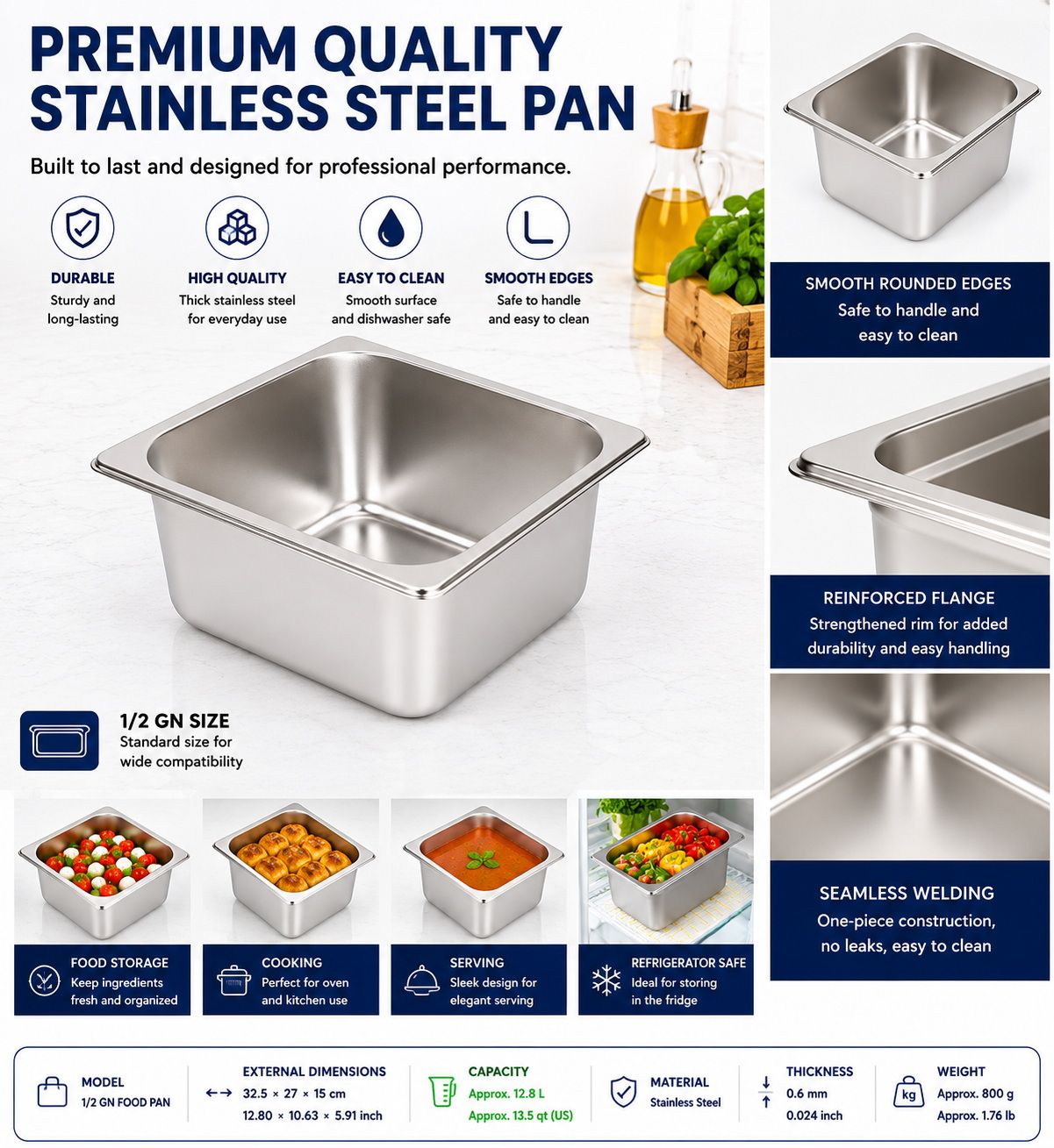 Commercial Stainless Steel GN 1/2 150mm Deep Gastronorm Bain Marie Buffet Steam Table Food Pan