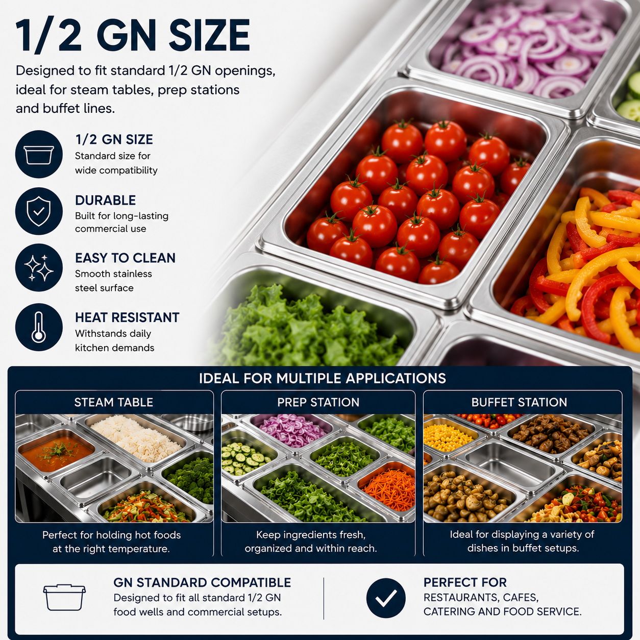 Commercial Stainless Steel GN 1/2 150mm Deep Gastronorm Bain Marie Buffet Steam Table Food Pan with Lid