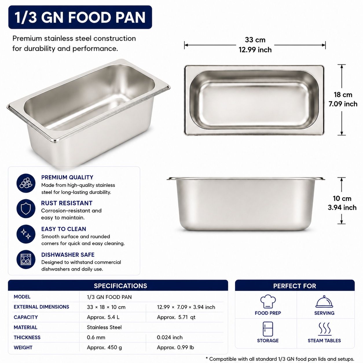 Commercial Stainless Steel GN 1/3 100mm Deep Gastronorm Bain Marie Buffet Steam Table Food Pan with Lid