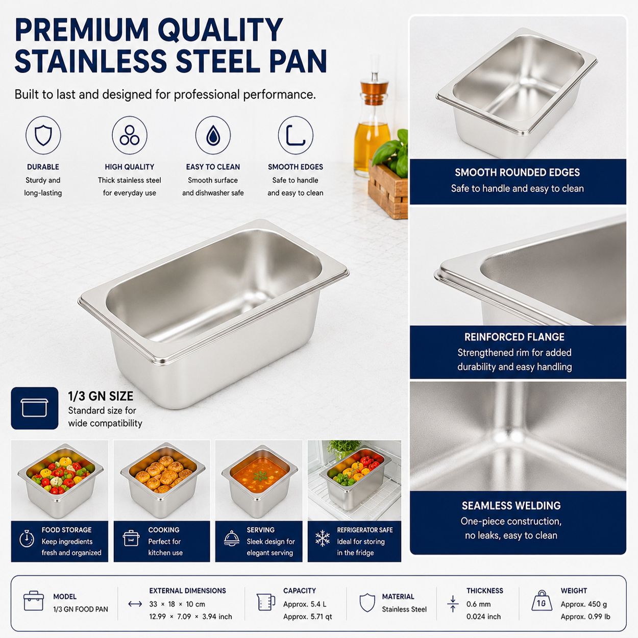 Commercial Stainless Steel GN 1/3 100mm Deep Gastronorm Bain Marie Buffet Steam Table Food Pan with Lid