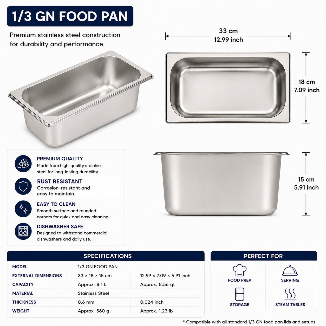 Commercial Stainless Steel GN 1/3 150mm Deep Gastronorm Bain Marie Buffet Steam Table Food Pan
